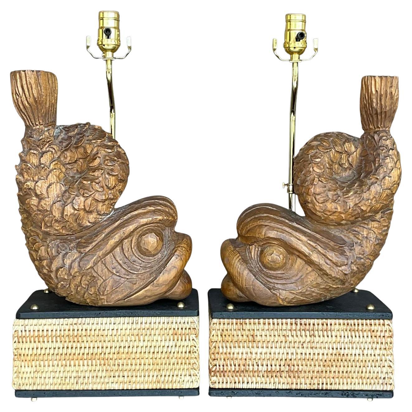 Late 20th Century Vintage Hand Carved Dolphin Lamps - a Pair For Sale