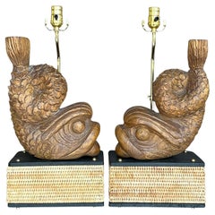 Late 20th Century Retro Hand Carved Dolphin Lamps - a Pair