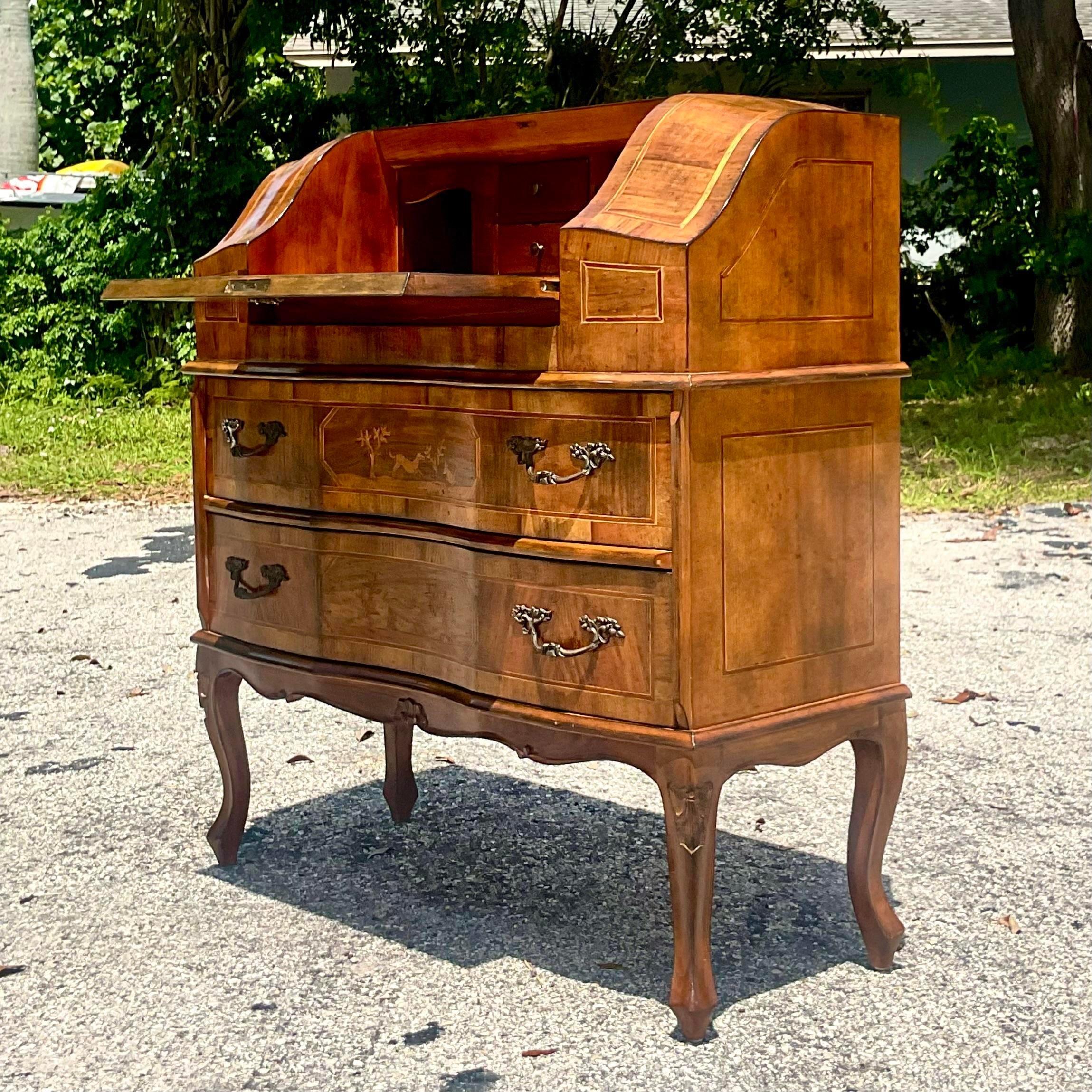 Metal Late 20th Century Vintage Italian Inlaid Animal Marquetry Writing Desk For Sale