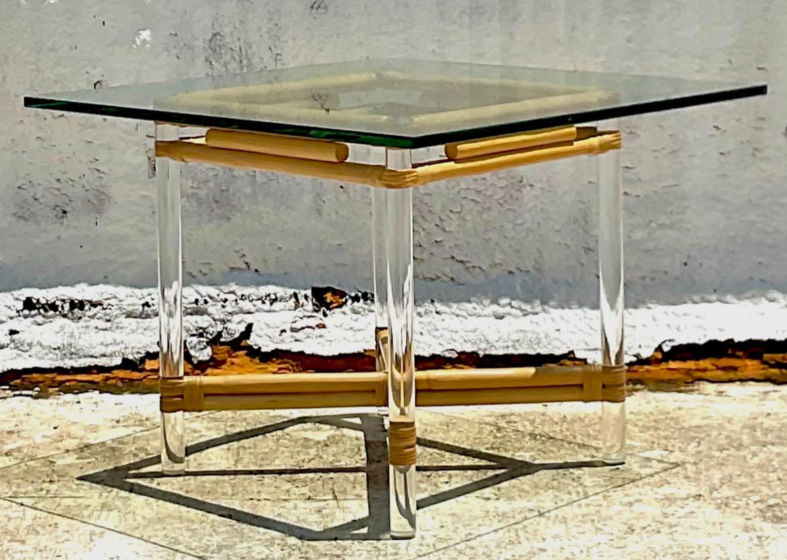 American Late 20th Century Vintage Lucite and Rattan Game Table After Brown Jordan