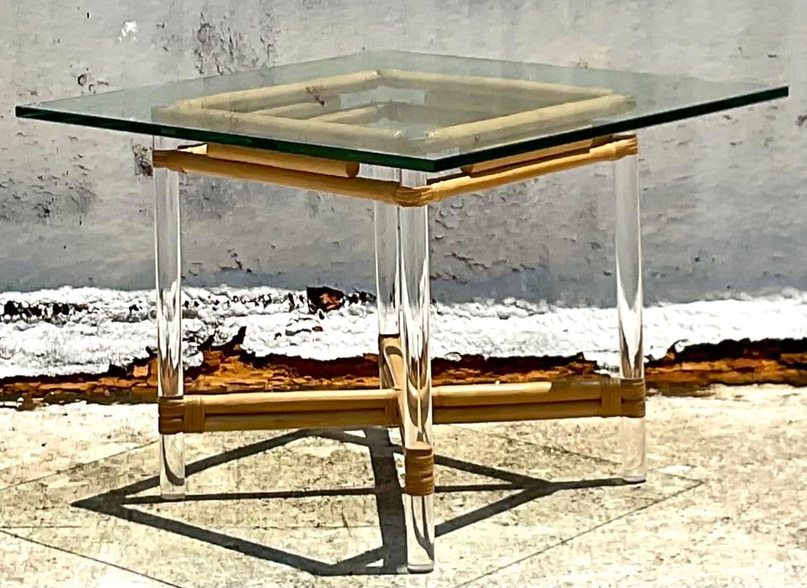 Late 20th Century Vintage Lucite and Rattan Game Table After Brown Jordan 1