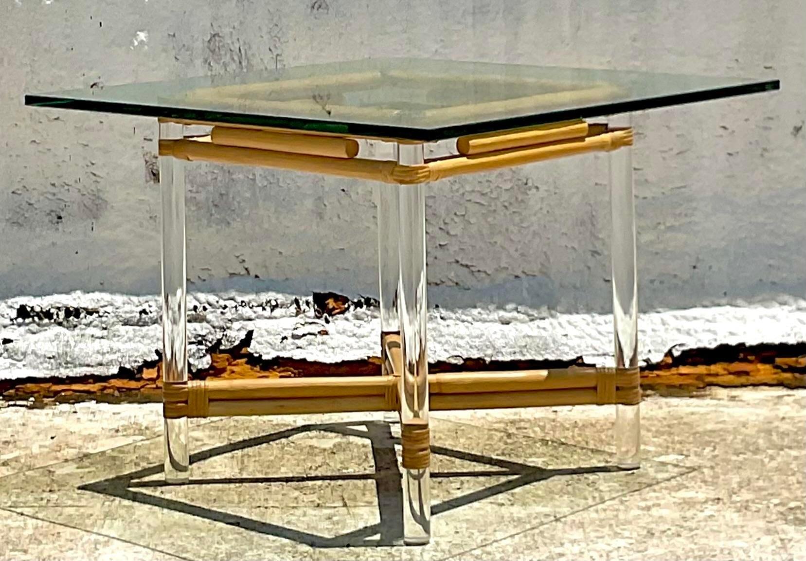Late 20th Century Vintage Lucite and Rattan Game Table After Brown Jordan 2