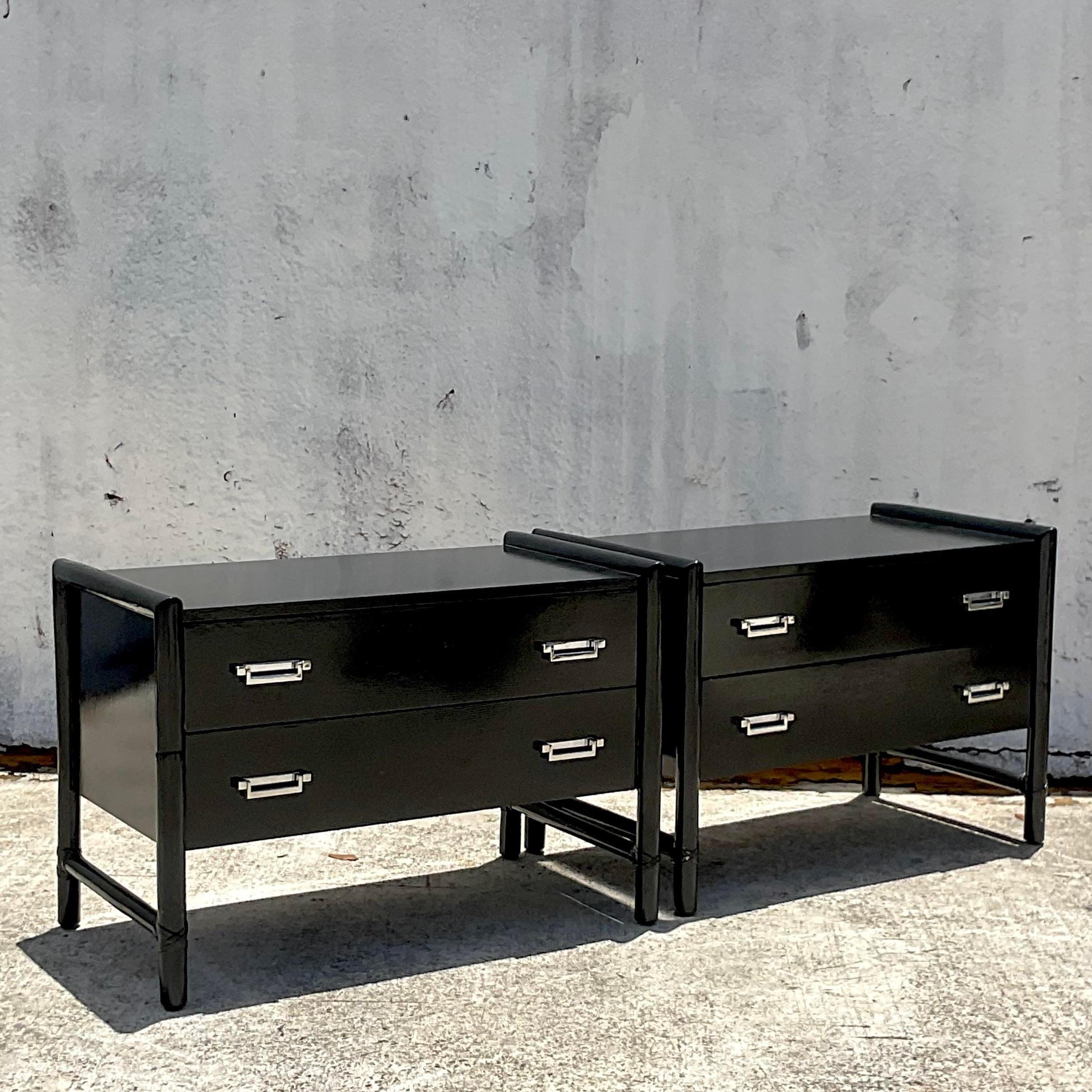 Late 20th Century Vintage McGuire Lacquered Oak and Rattan Nightstands - a Pair In Good Condition In west palm beach, FL