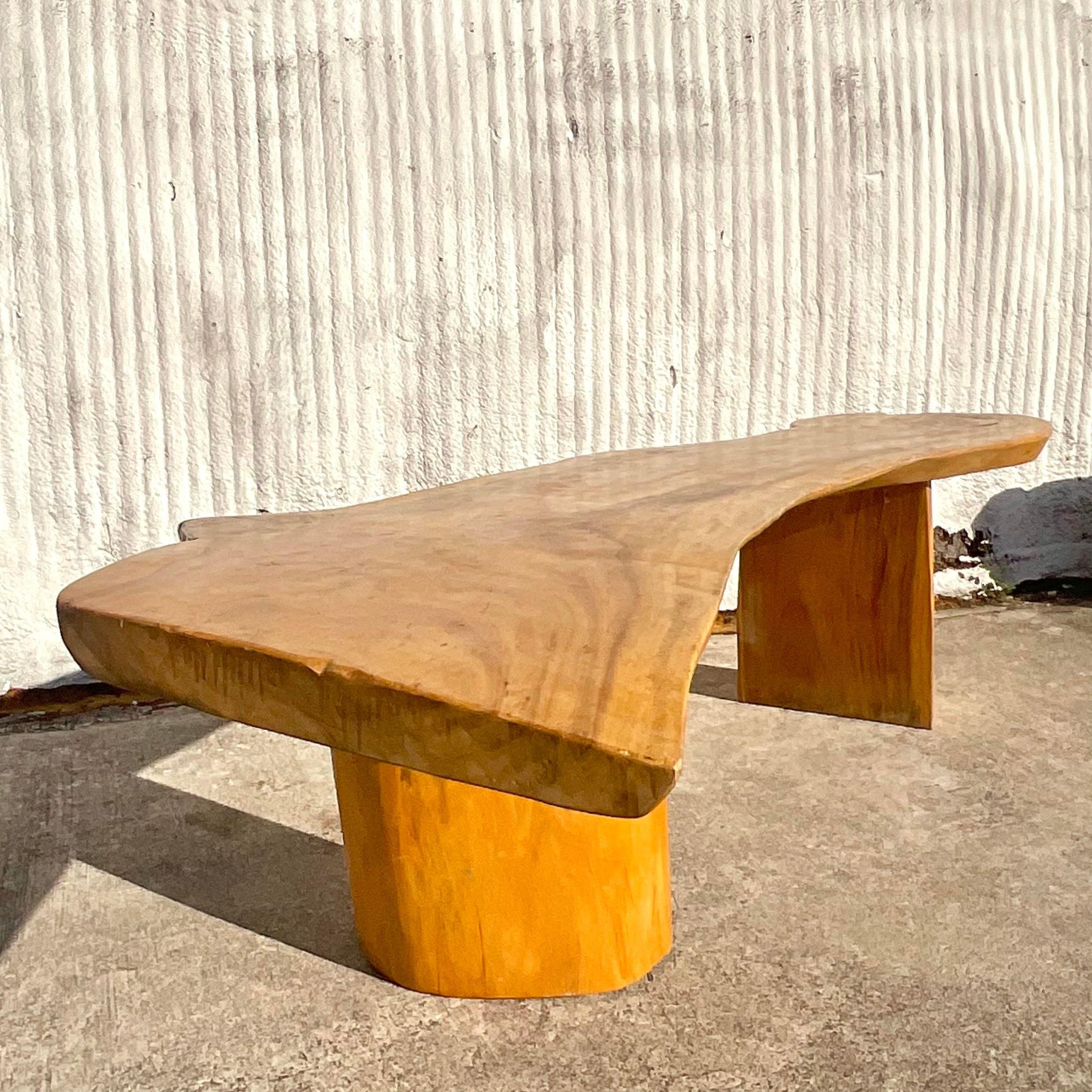 Late 20th Century Vintage Monumental Boho Sloped Wood Slab Console Table For Sale 6
