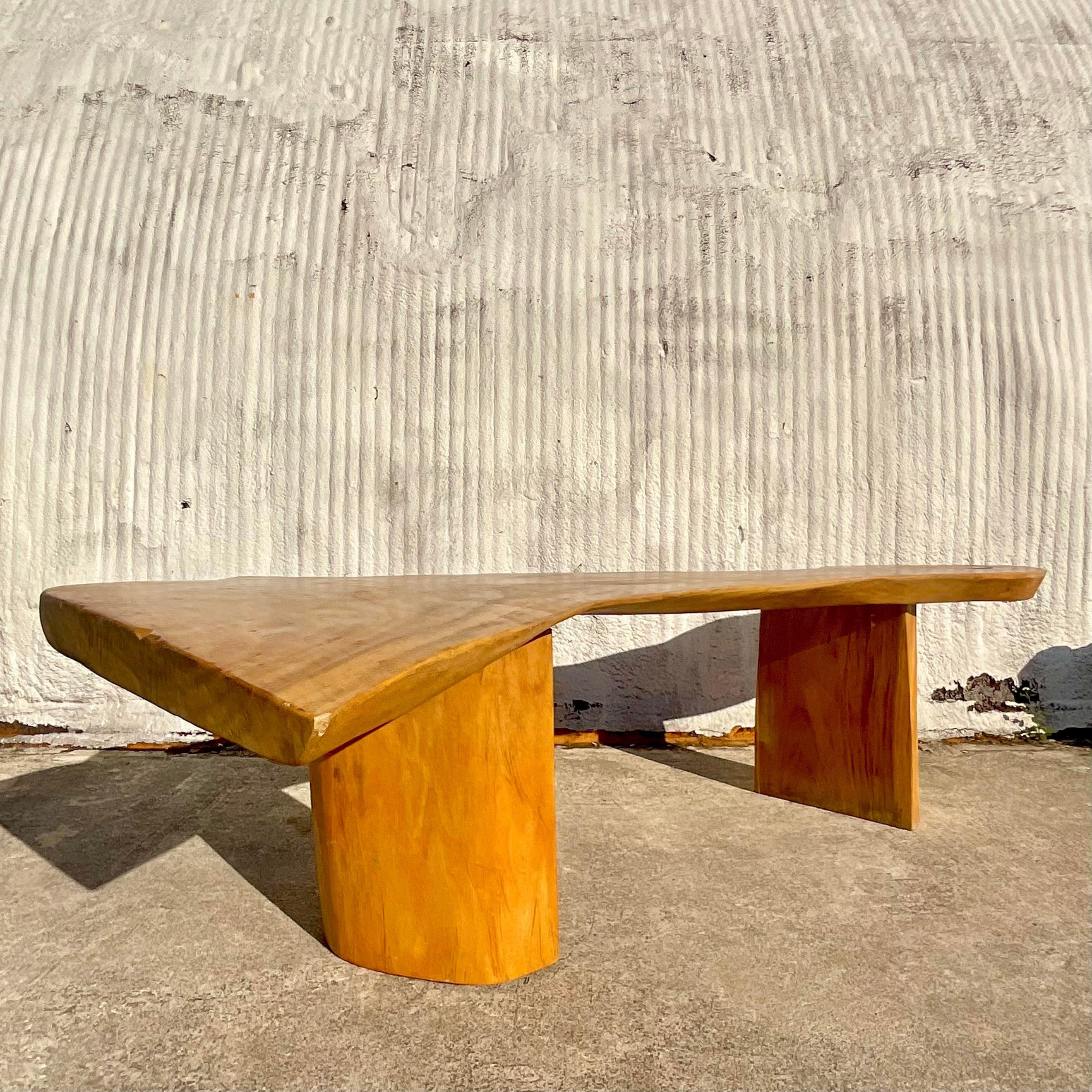 Late 20th Century Vintage Monumental Boho Sloped Wood Slab Console Table For Sale 7