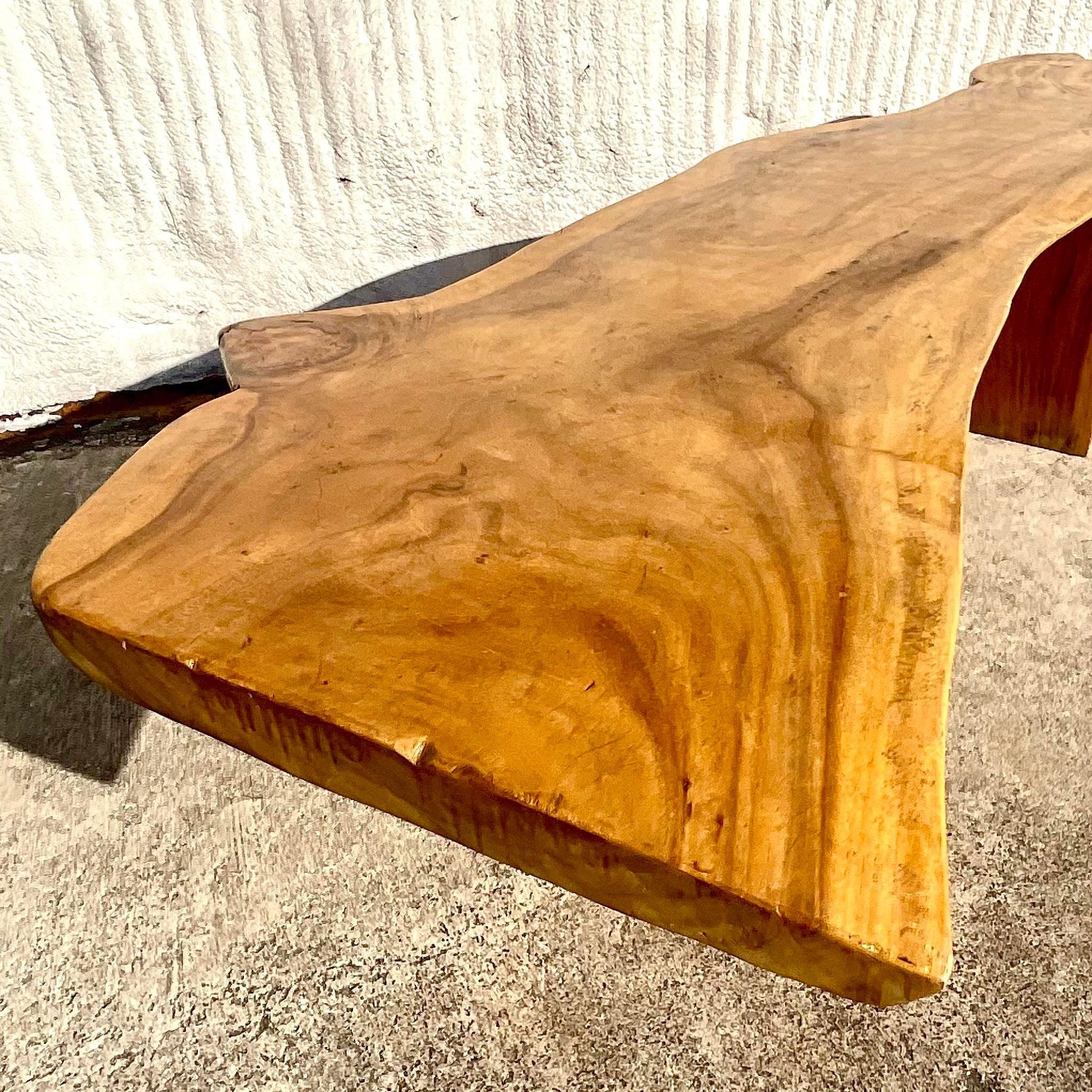 Late 20th Century Vintage Monumental Boho Sloped Wood Slab Console Table For Sale 8