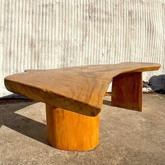 Late 20th Century Vintage Monumental Boho Sloped Wood Slab Console Table