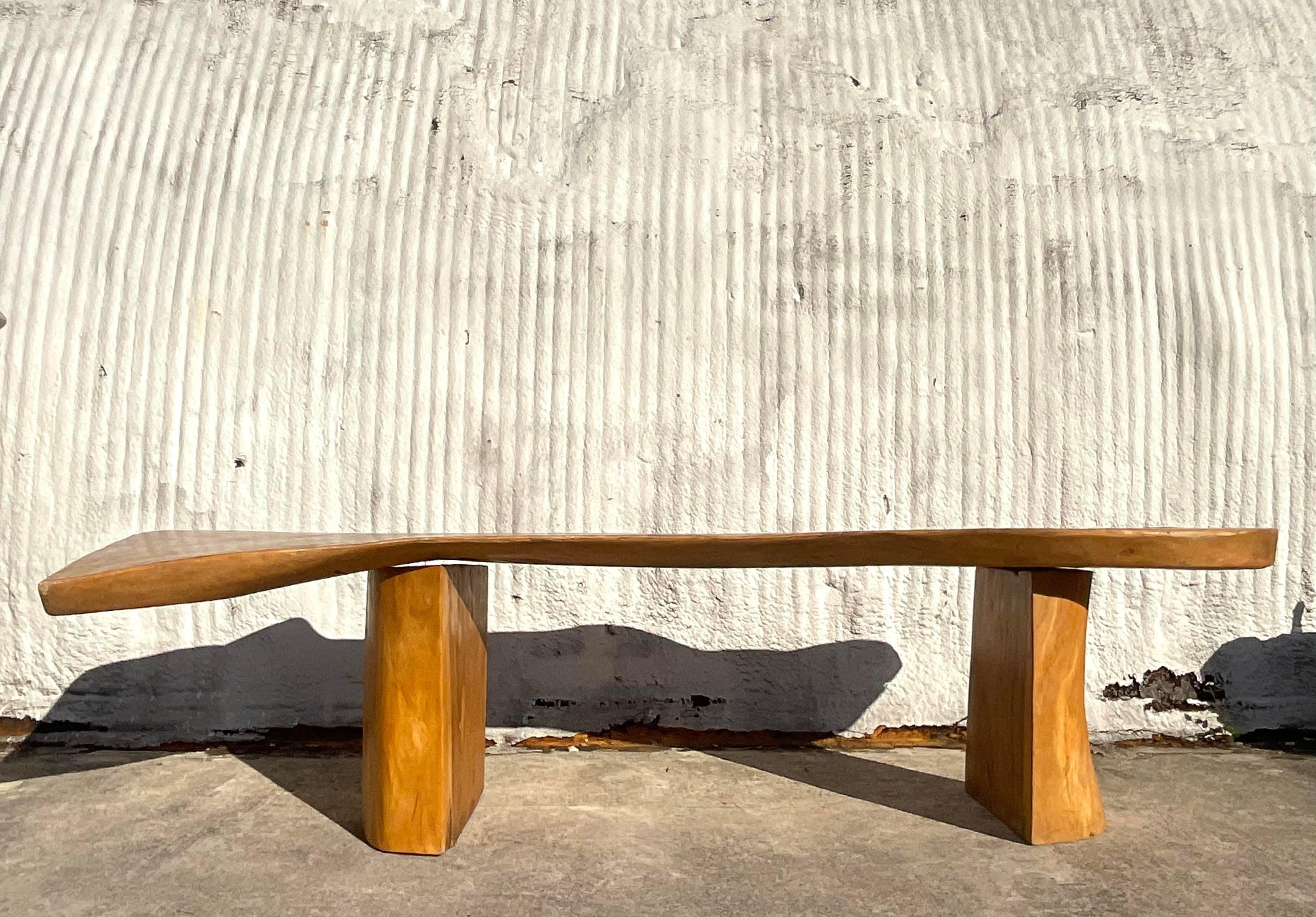 American Late 20th Century Vintage Monumental Boho Sloped Wood Slab Console Table For Sale