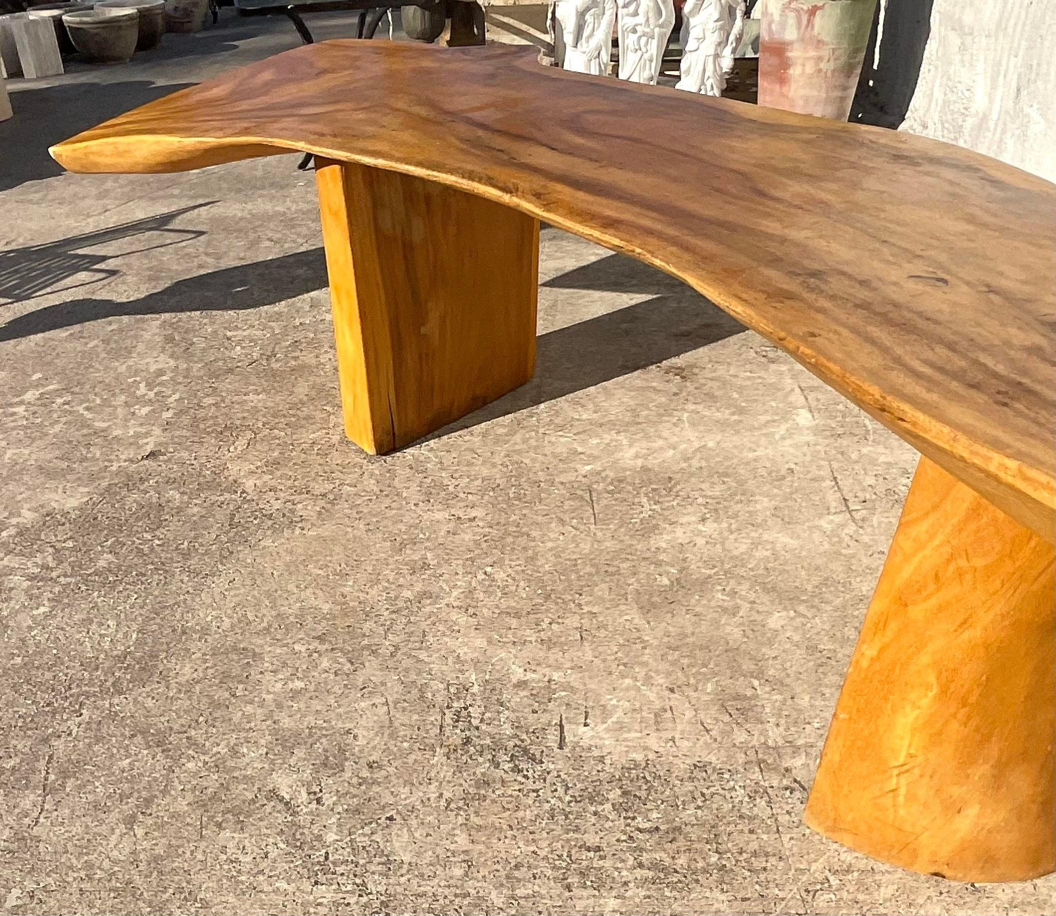 Late 20th Century Vintage Monumental Boho Sloped Wood Slab Console Table In Good Condition For Sale In west palm beach, FL