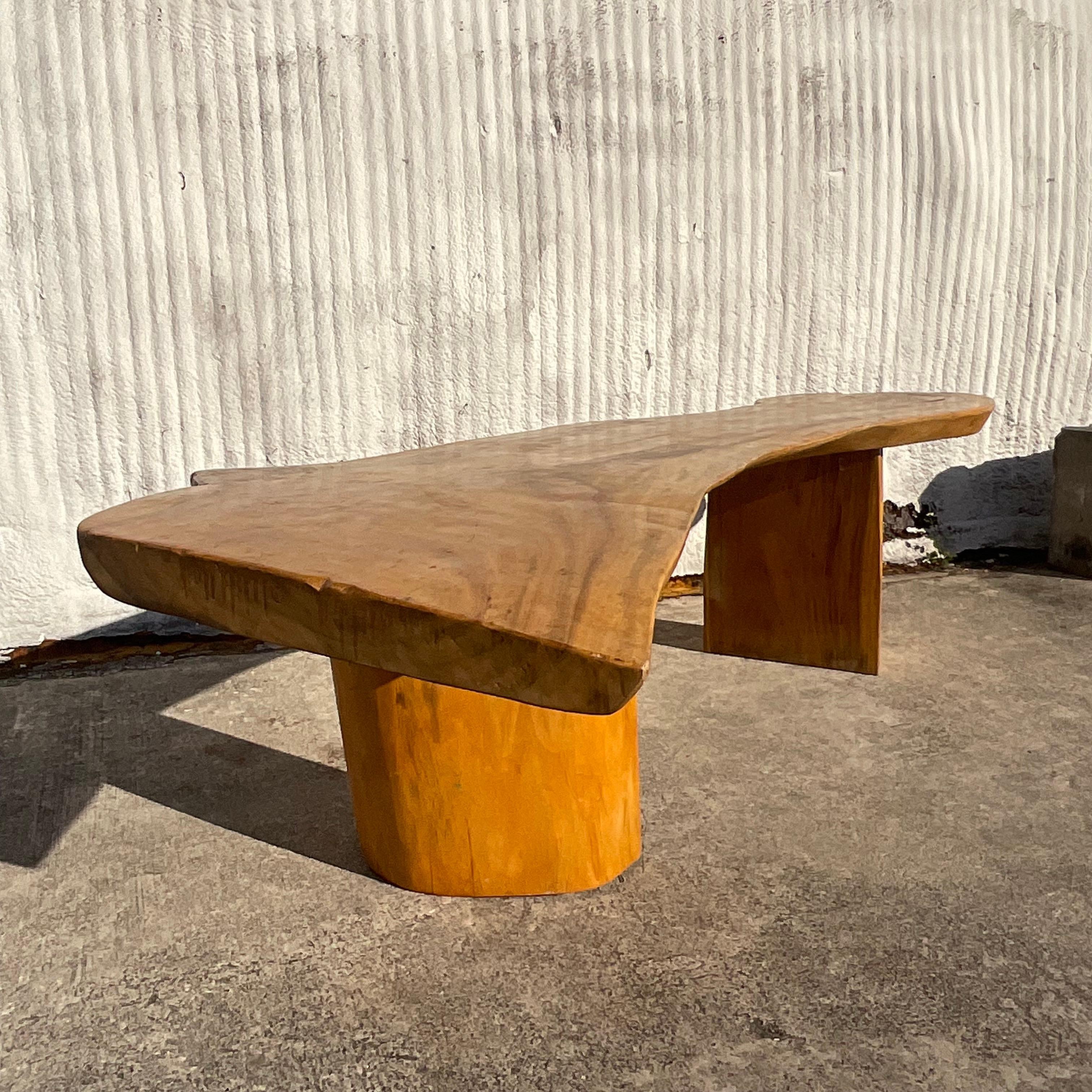 Late 20th Century Vintage Monumental Boho Sloped Wood Slab Console Table For Sale 3