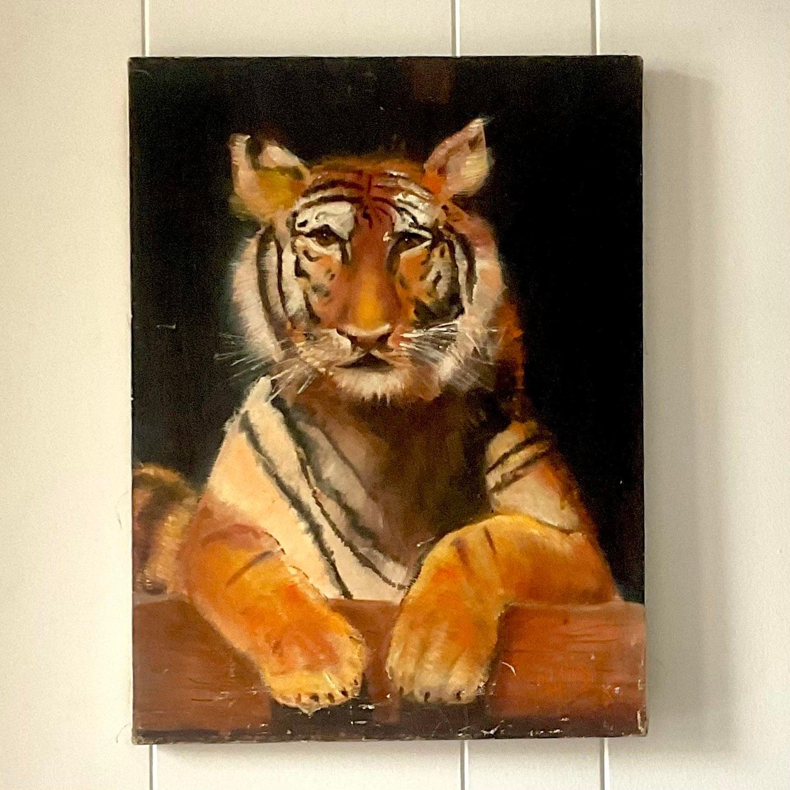Bohemian Late 20th Century Vintage Painting of Regal Tiger on Canvas, Signed For Sale