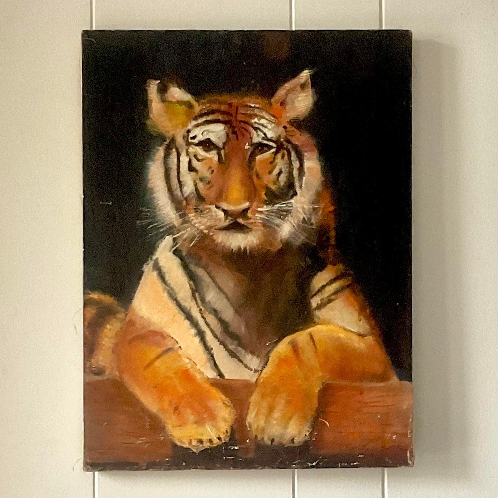 American Late 20th Century Vintage Painting of Regal Tiger on Canvas, Signed For Sale