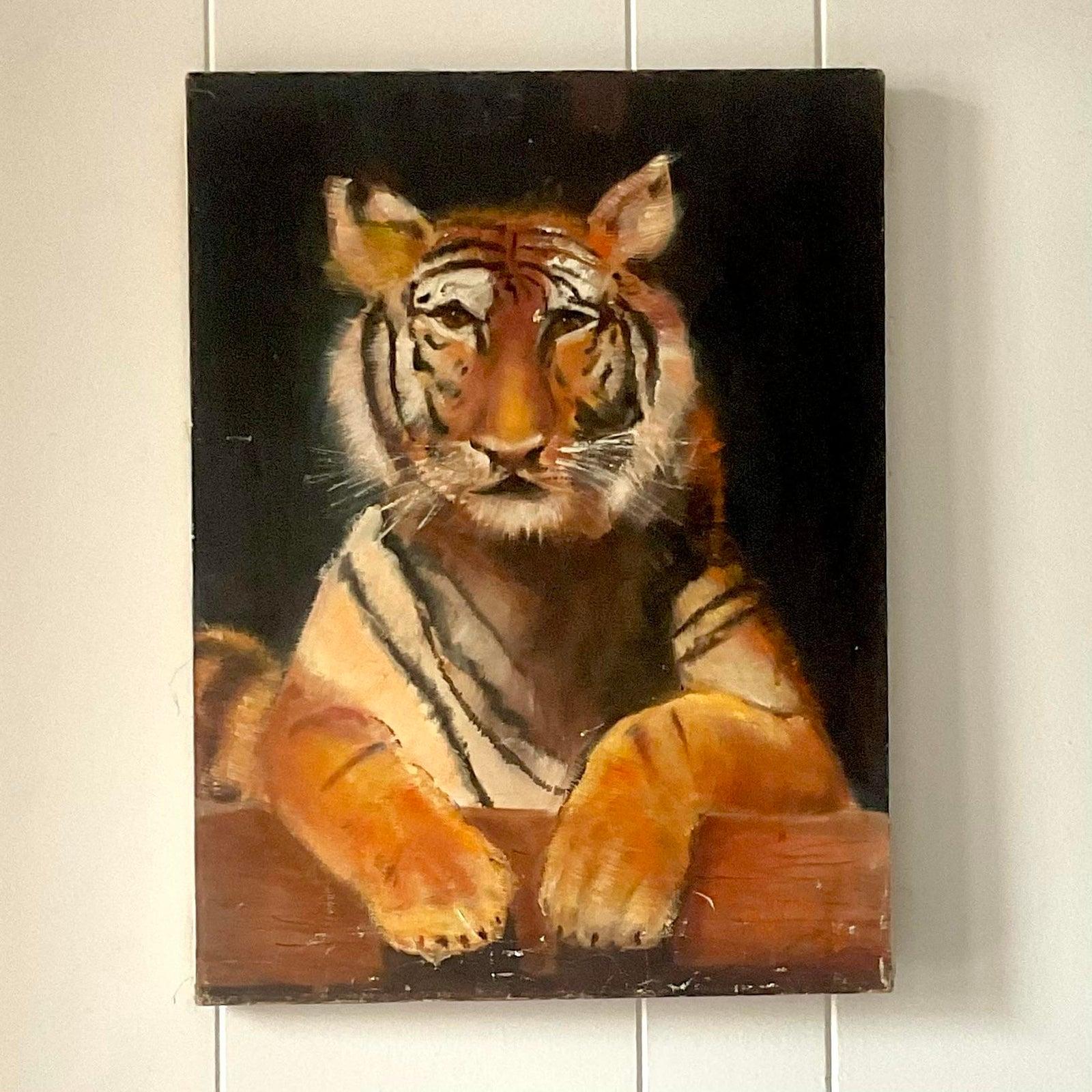Late 20th Century Vintage Painting of Regal Tiger on Canvas, Signed In Good Condition For Sale In west palm beach, FL