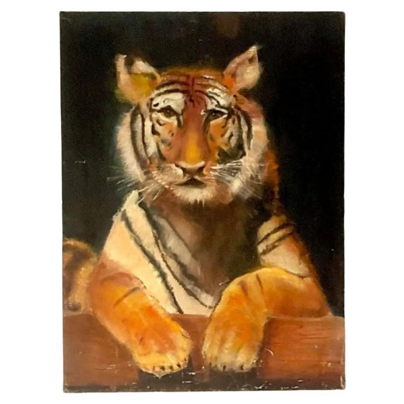 Peinture vintage de tigre royal sur toile, signée, fin du 20e siècle