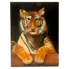 Late 20th Century Retro Painting of Regal Tiger on Canvas, Signed