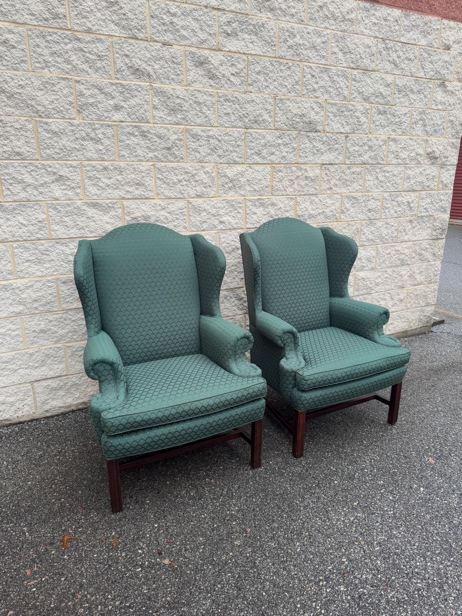 Modern Late 20th Century Vintage Pair of Wingback Chairs in Green Jacquard Upholstery For Sale