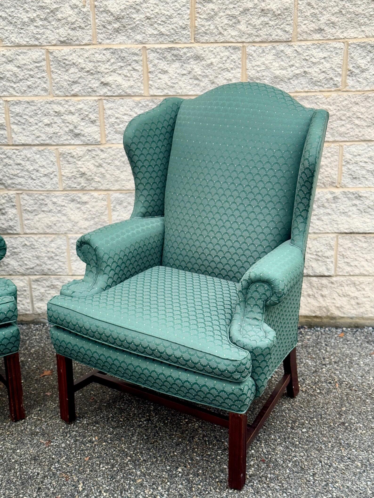 Unknown Late 20th Century Vintage Pair of Wingback Chairs in Green Jacquard Upholstery For Sale