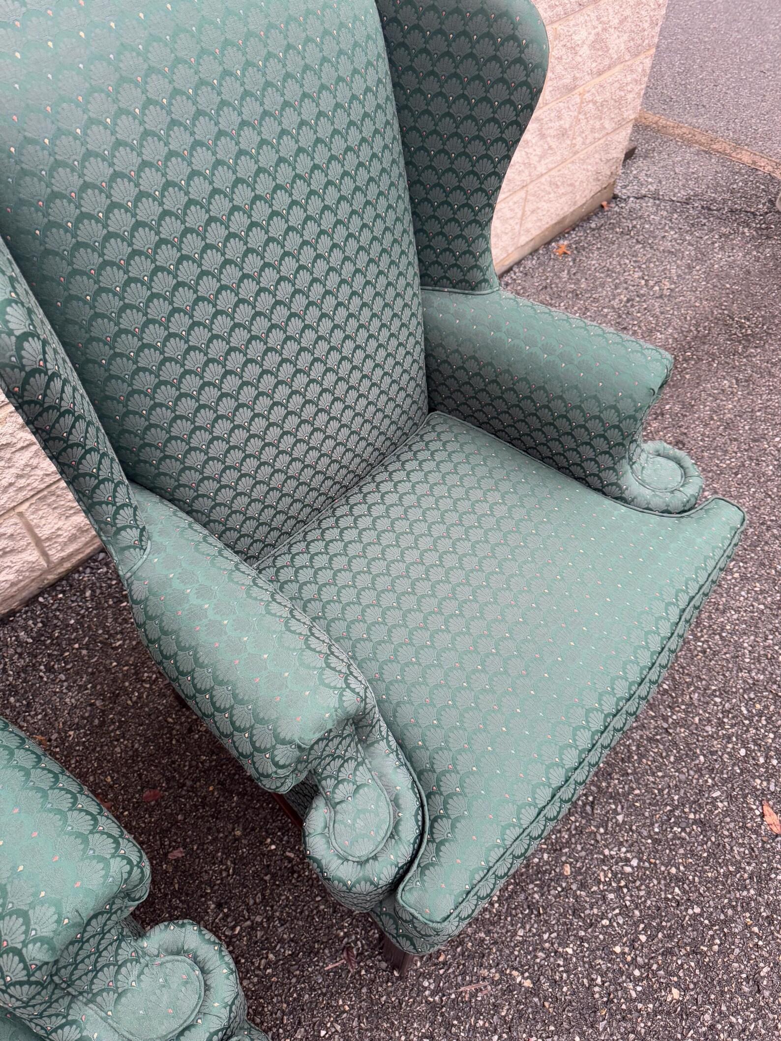 Late 20th Century Vintage Pair of Wingback Chairs in Green Jacquard Upholstery For Sale 2