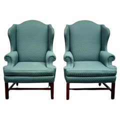 Late 20th Century Vintage Pair of Wingback Chairs in Green Jacquard Upholstery