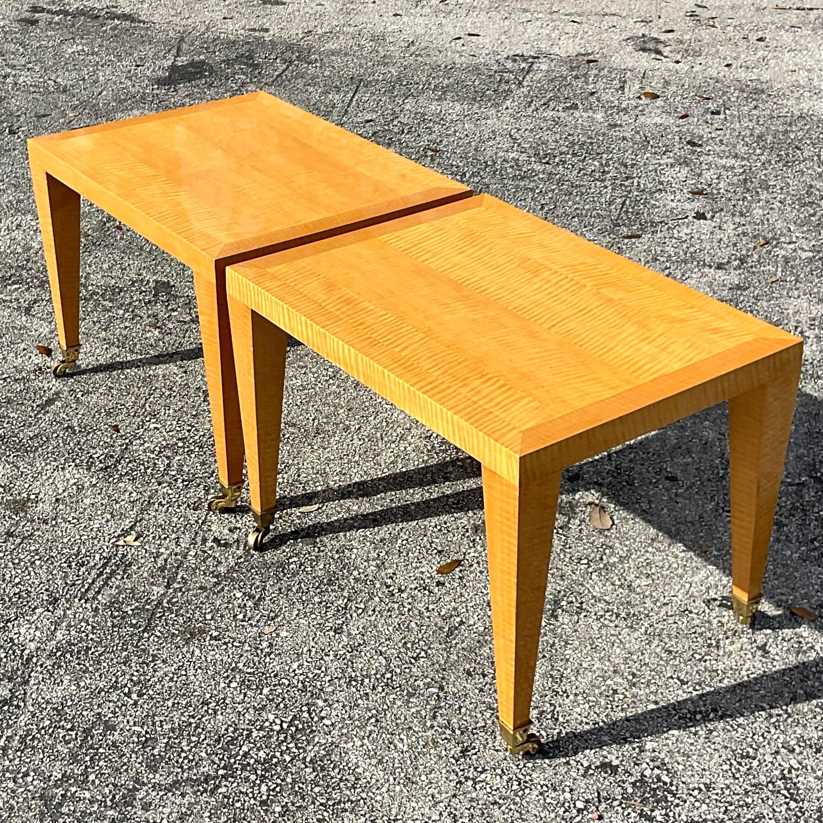 Late 20th Century Vintage Post Modern Burl Blonde Wood Side Tables - A Pair In Good Condition For Sale In west palm beach, FL