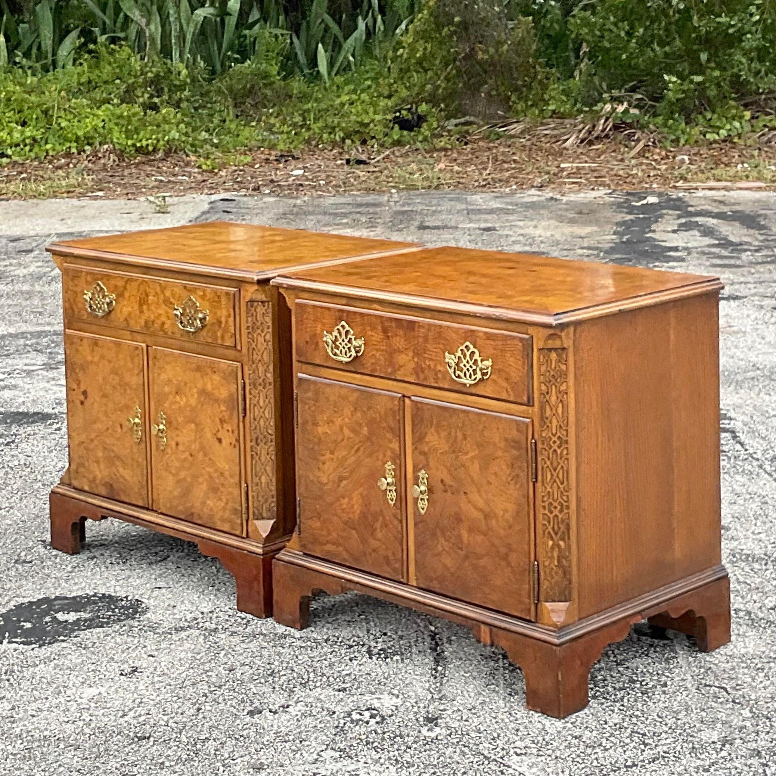 Late 20th Century Vintage Regency Baker Burl Wood Fretwork Nightstands - a Pair In Good Condition In west palm beach, FL