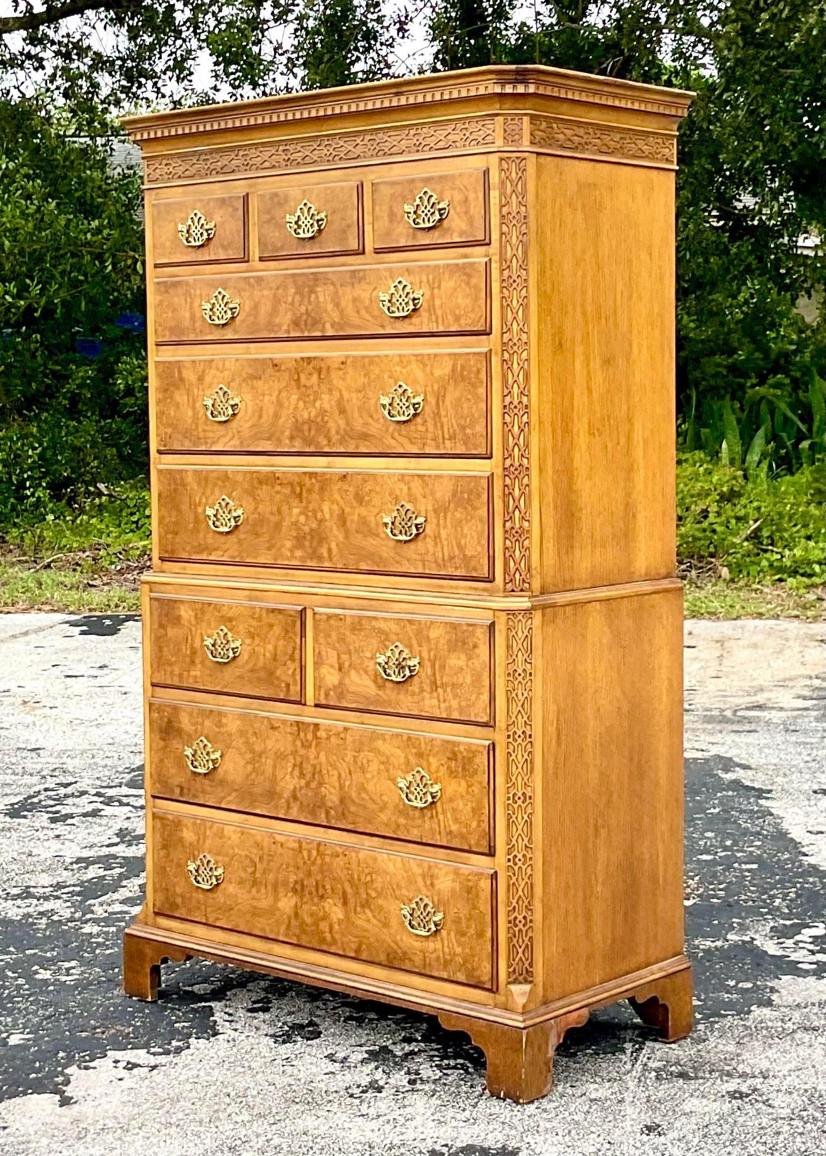 Late 20th Century Vintage Regency Baker Burl Wood Fretwork Tall Chest of Drawers In Good Condition For Sale In west palm beach, FL