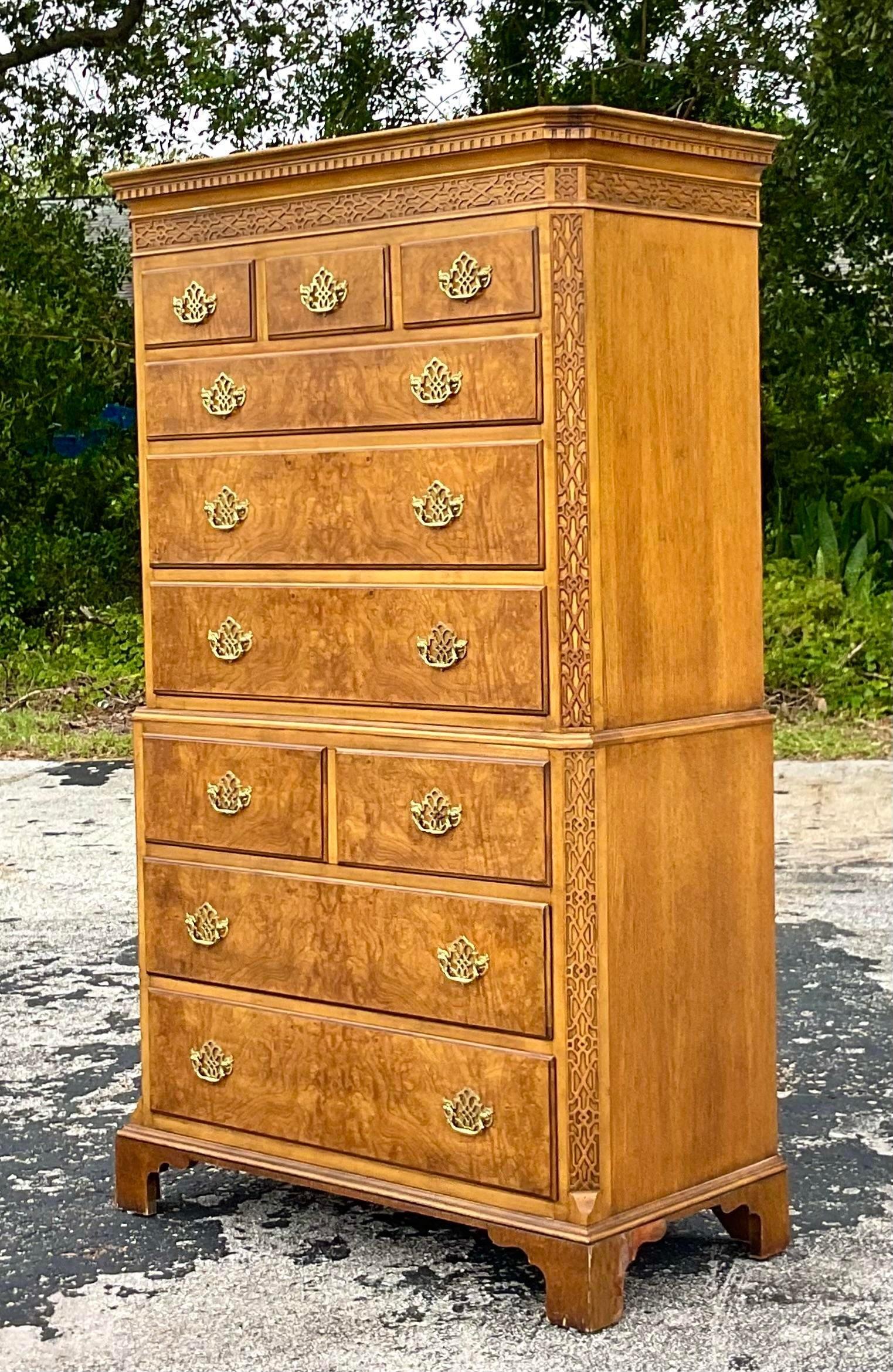 Metal Late 20th Century Vintage Regency Baker Burl Wood Fretwork Tall Chest of Drawers For Sale