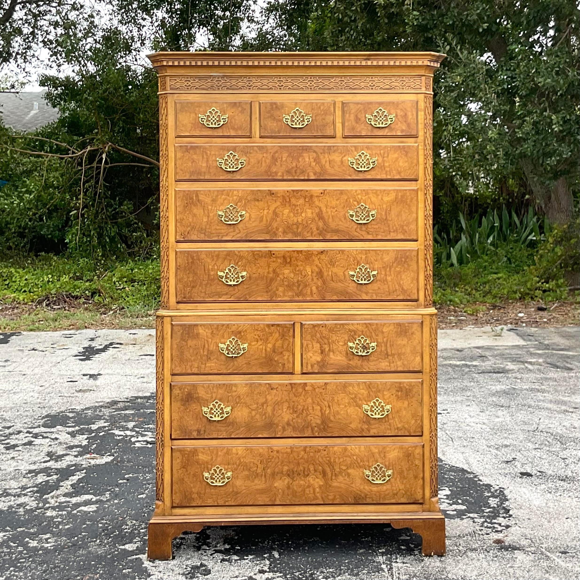 Late 20th Century Vintage Regency Baker Burl Wood Fretwork Tall Chest of Drawers For Sale 2
