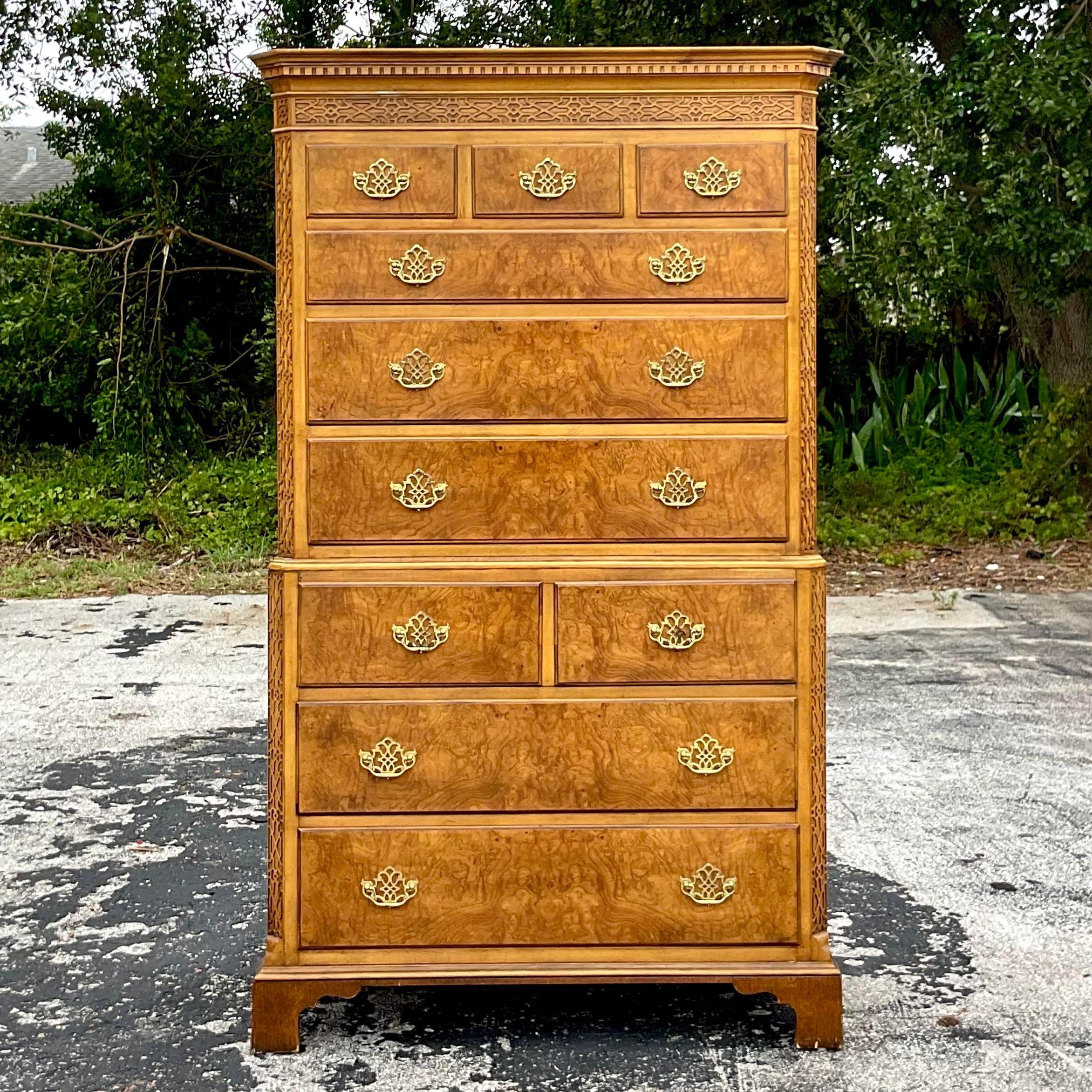 Late 20th Century Vintage Regency Baker Burl Wood Fretwork Tall Chest of Drawers For Sale 3