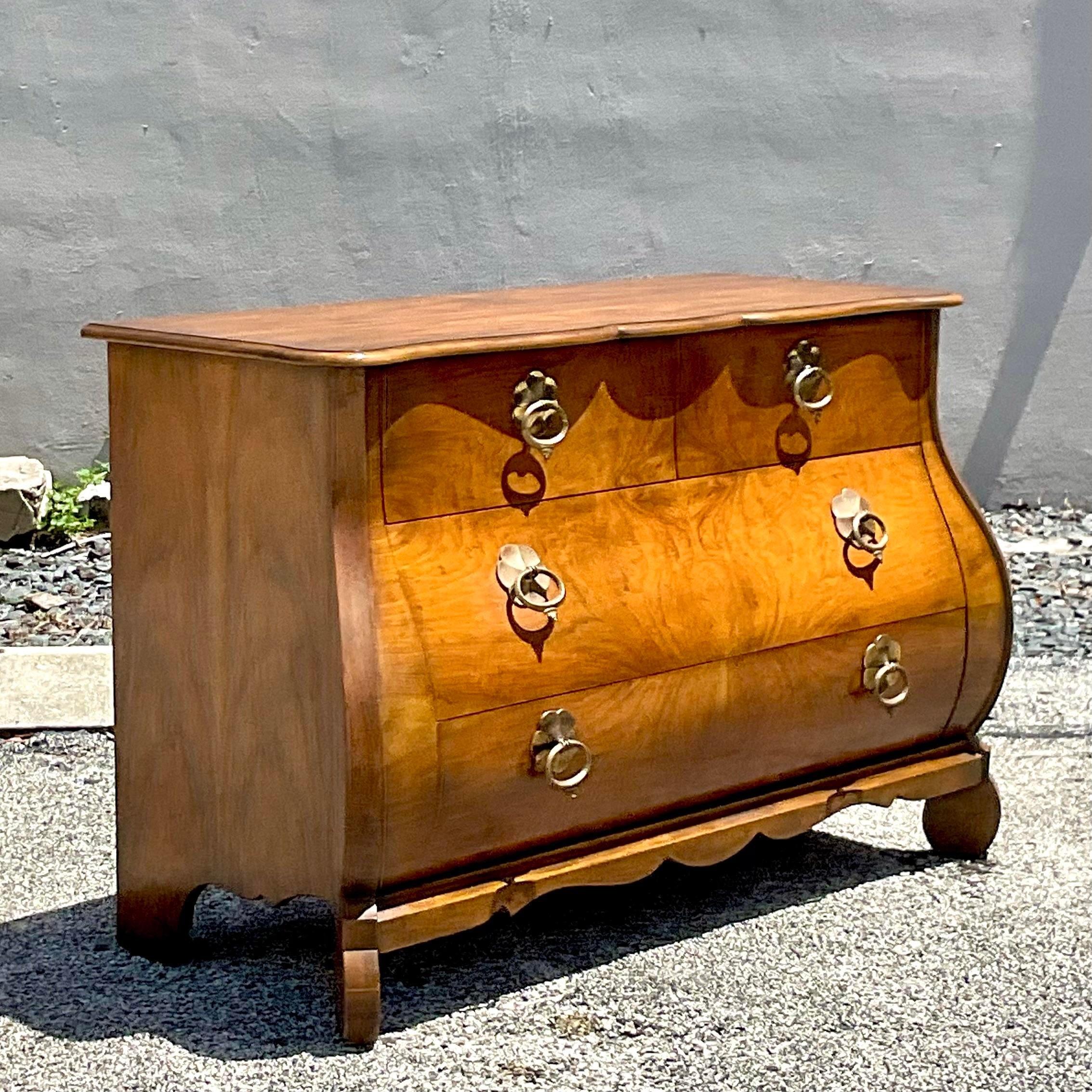 American Late 20th Century Vintage Regency Baker Collectors Edition Burl Wood Bombe Chest For Sale