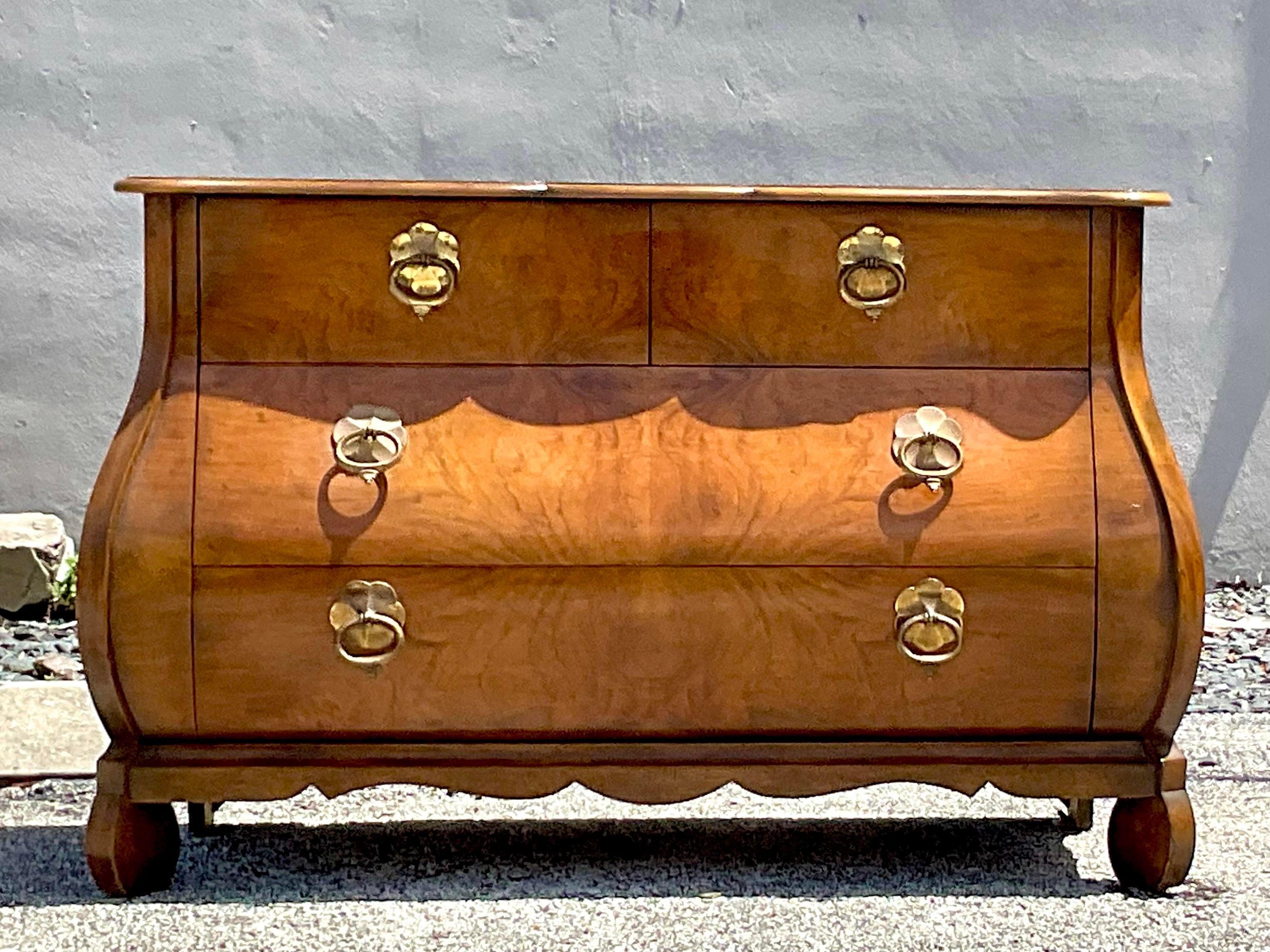 Late 20th Century Vintage Regency Baker Collectors Edition Burl Wood Bombe Chest For Sale 1