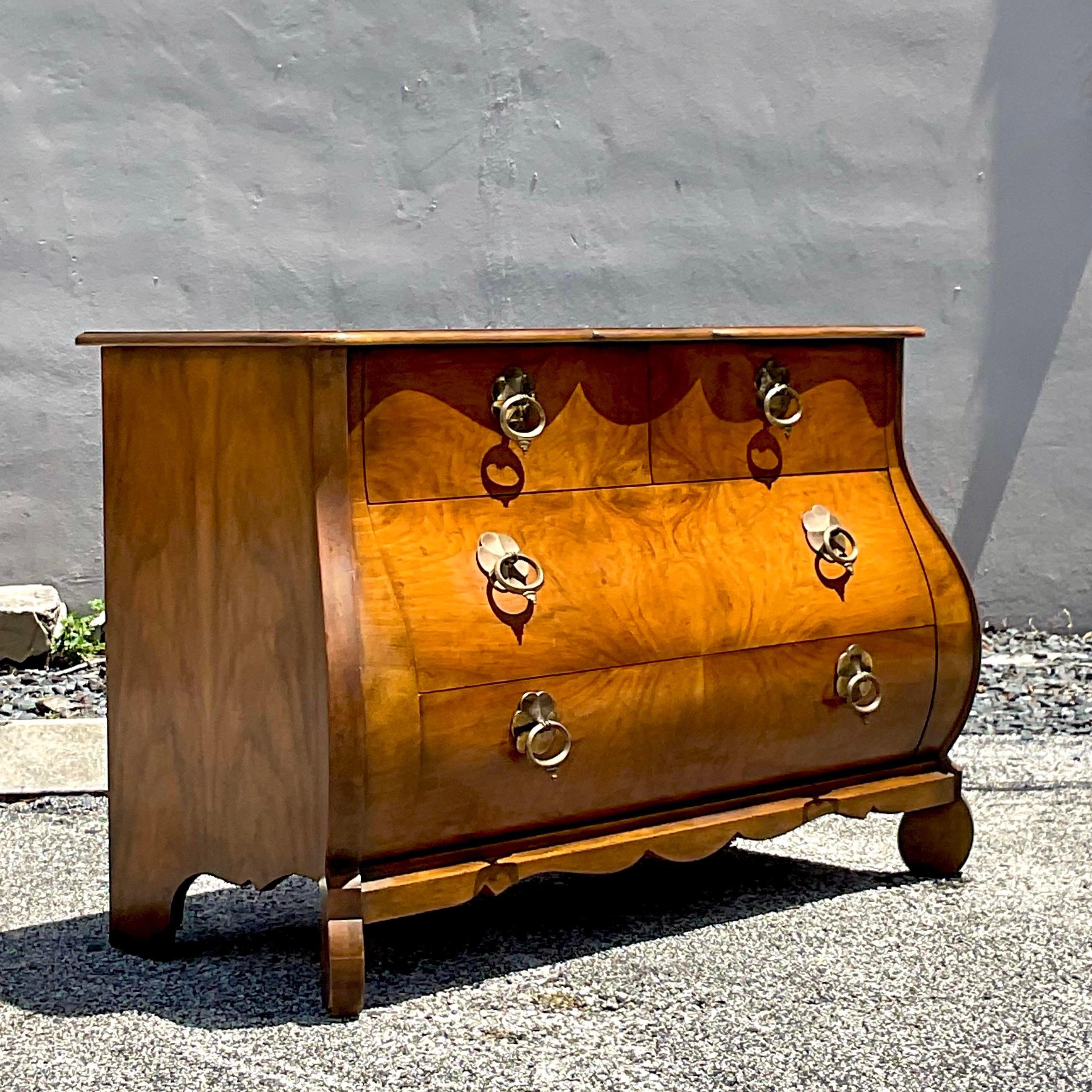 Late 20th Century Vintage Regency Baker Collectors Edition Burl Wood Bombe Chest For Sale 3