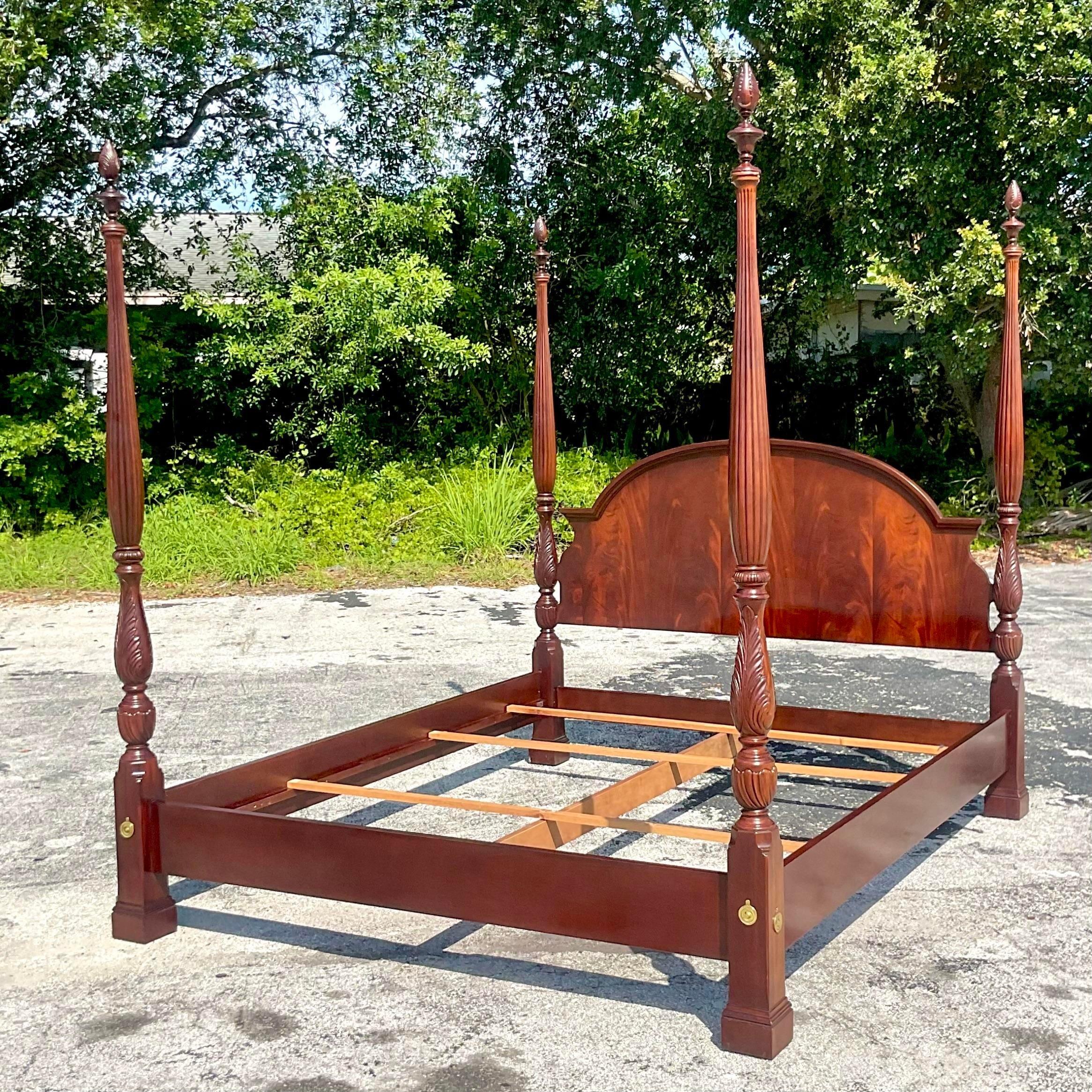 Late 20th Century Vintage Regency Bernhardt Flame Mahogany King Four Poster Bed For Sale 5
