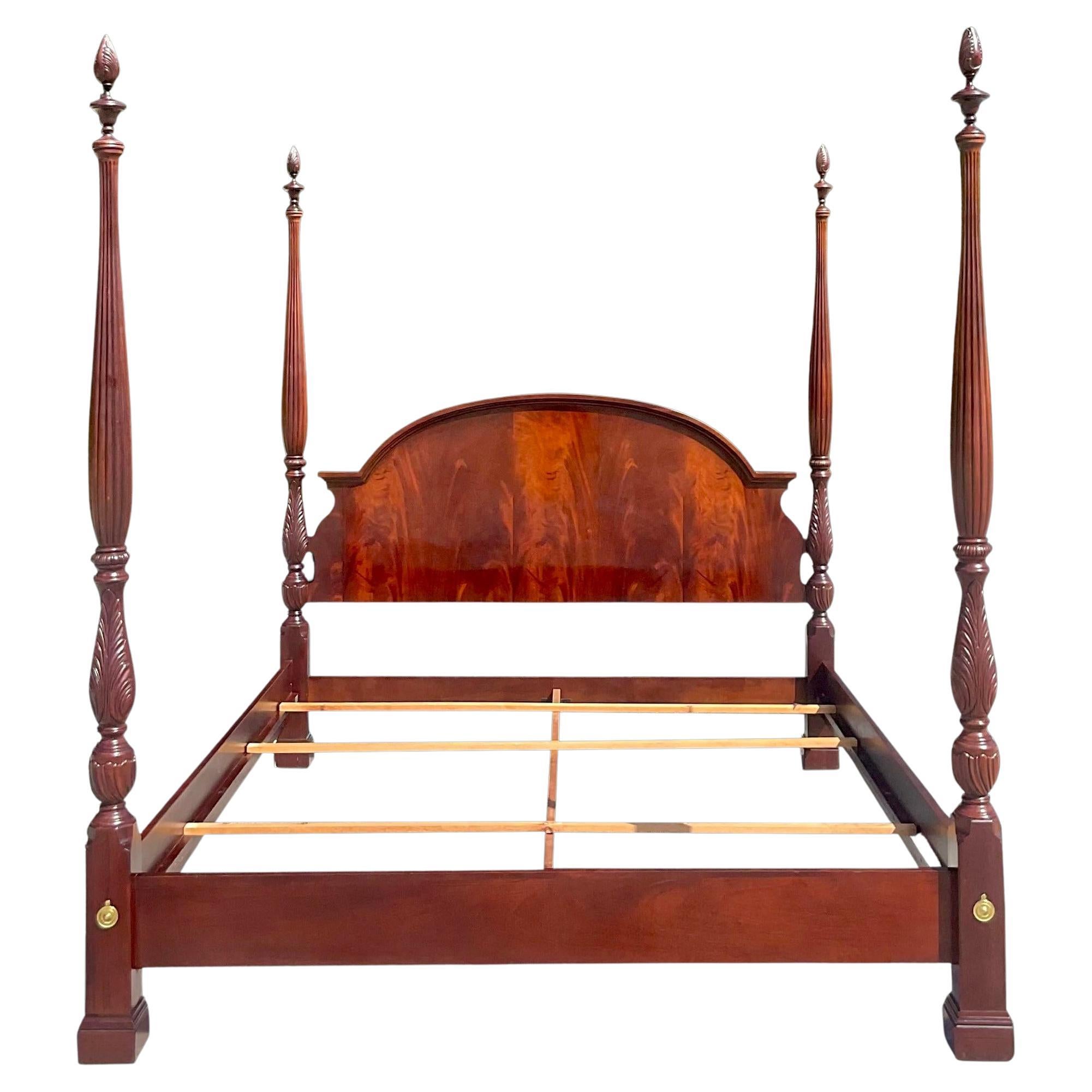 Late 20th Century Vintage Regency Bernhardt Flame Mahogany King Four Poster Bed For Sale