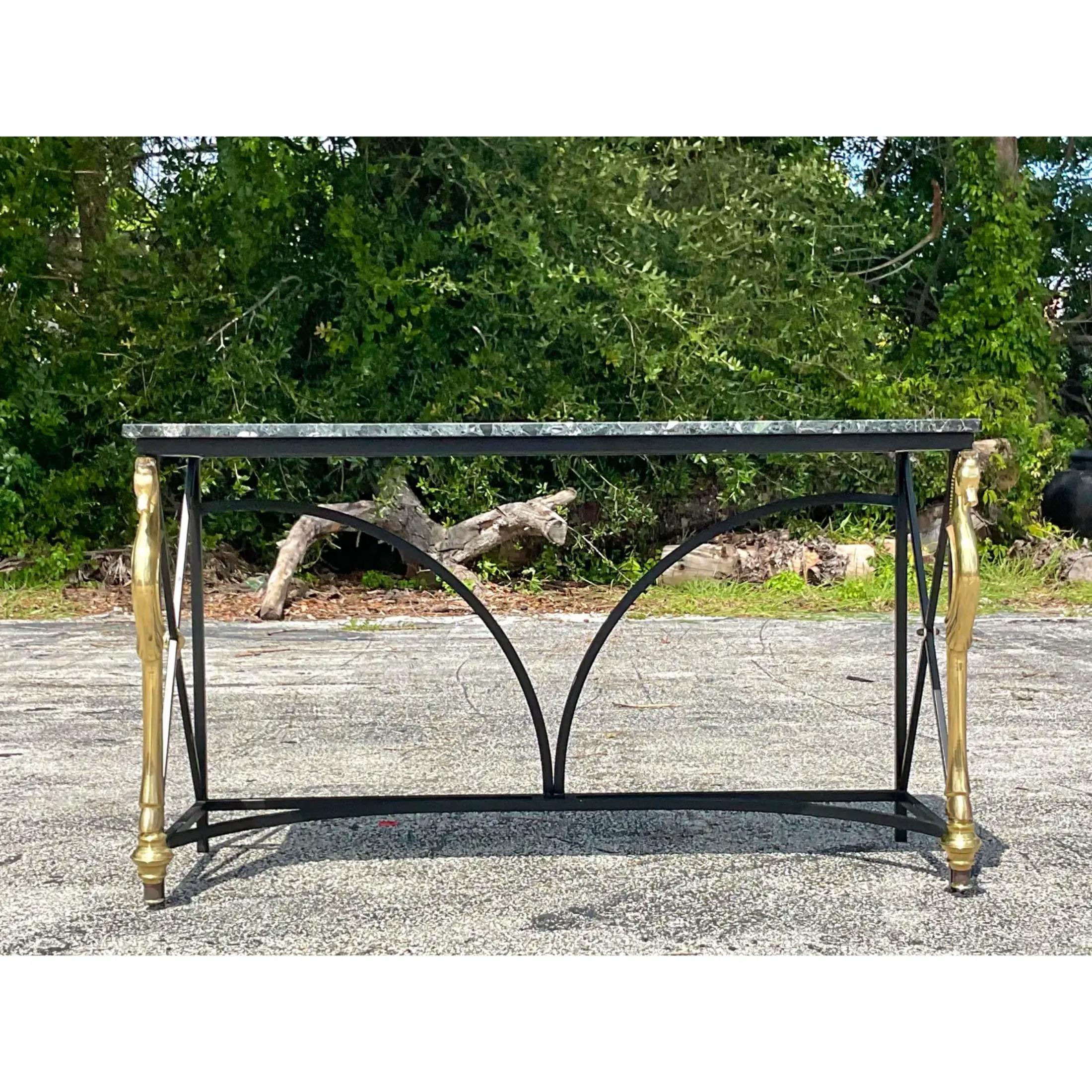 American Late 20th Century Vintage Regency Brass Horse Console Table For Sale