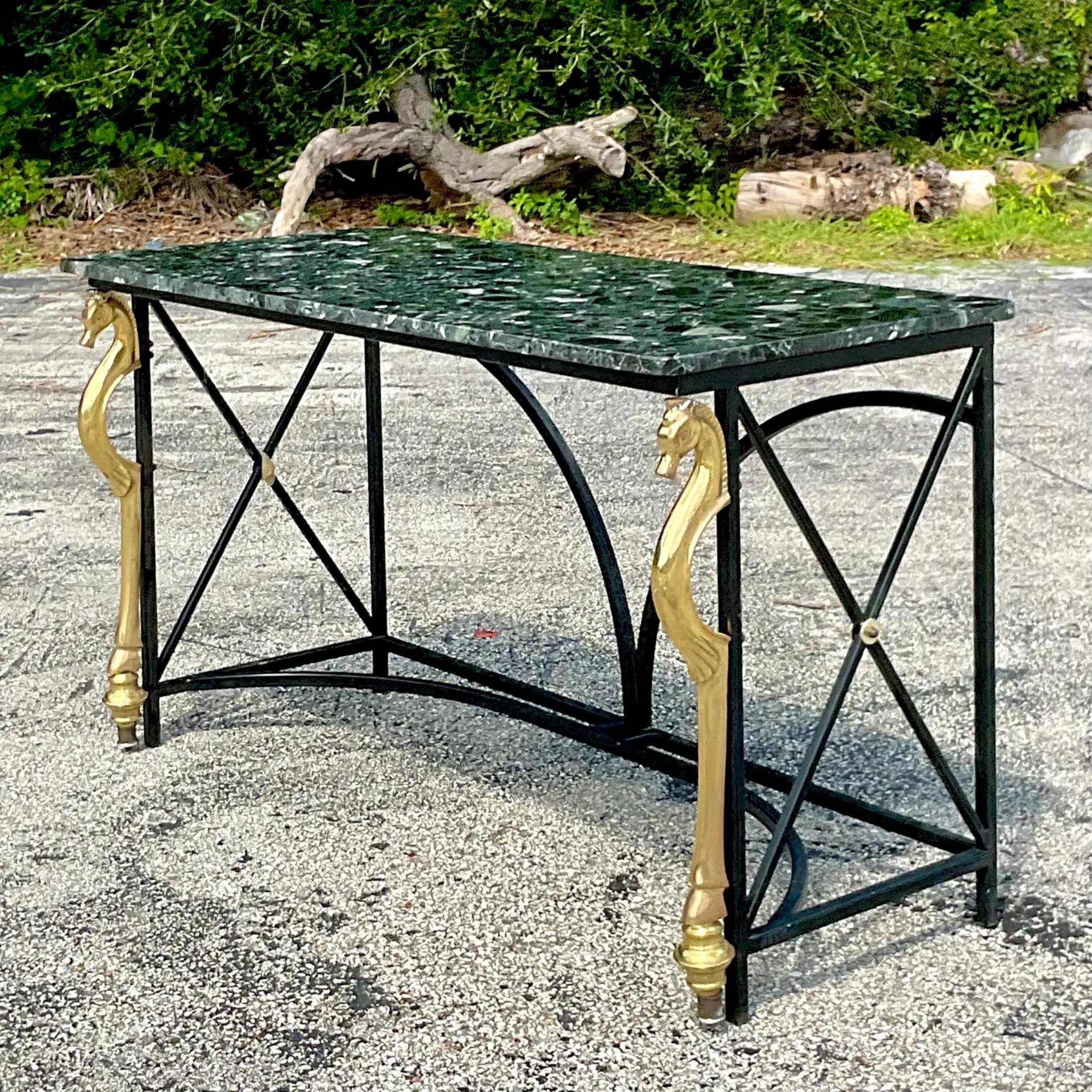 Late 20th Century Vintage Regency Brass Horse Console Table In Good Condition For Sale In west palm beach, FL
