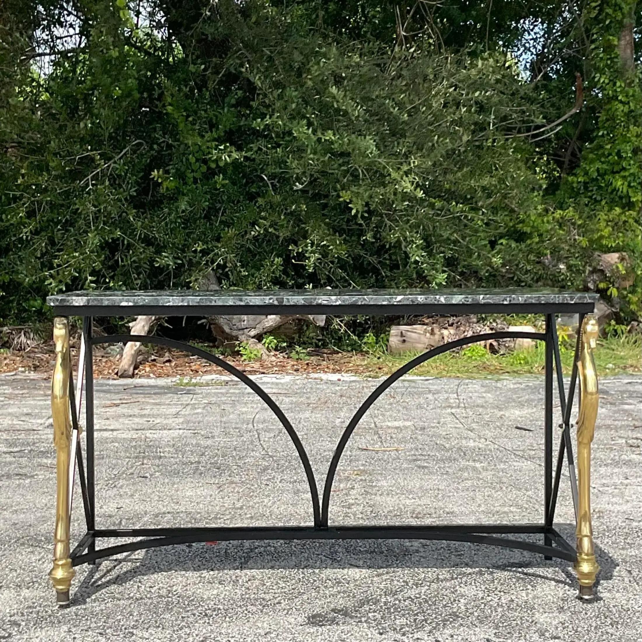 Late 20th Century Vintage Regency Brass Horse Console Table For Sale 3