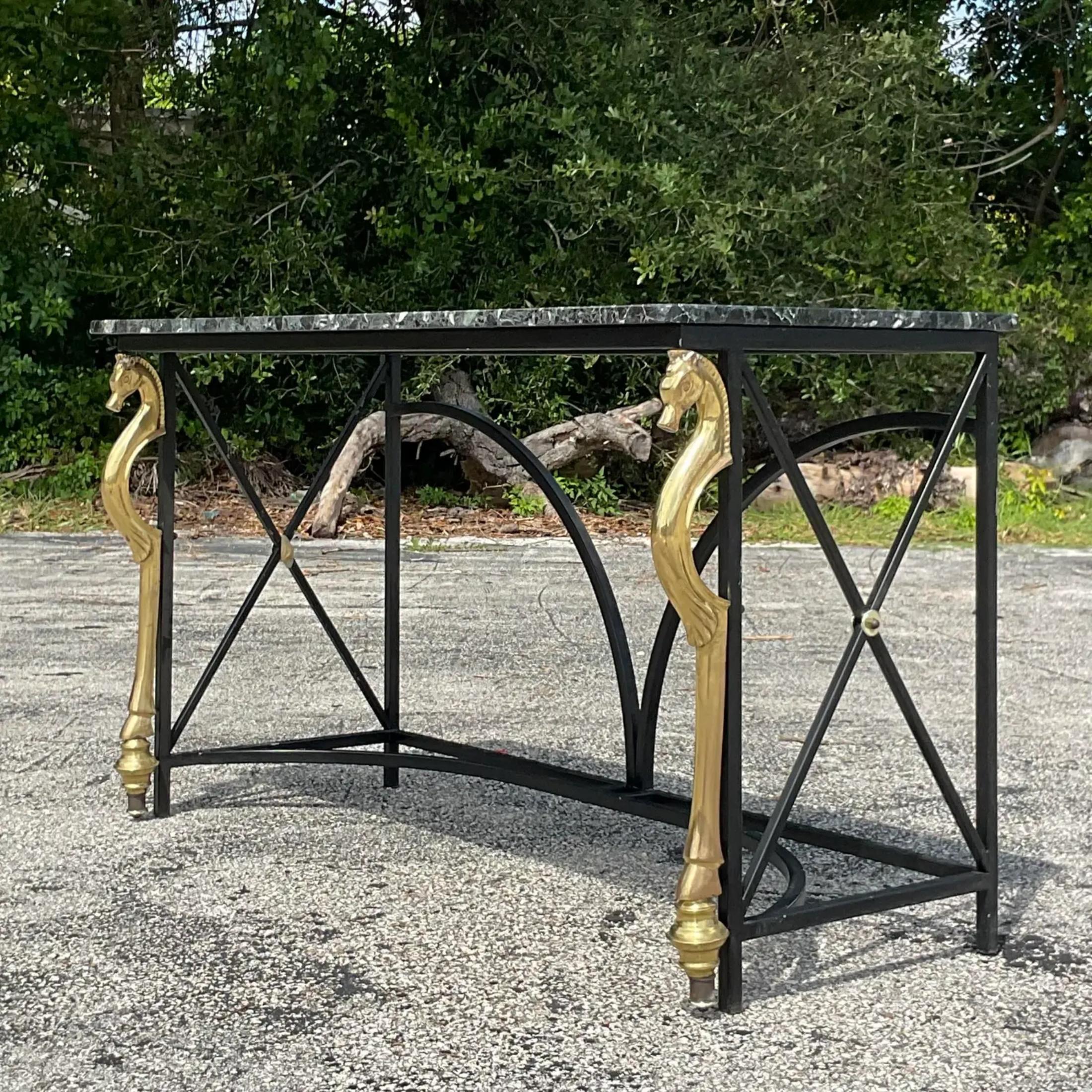 Late 20th Century Vintage Regency Brass Horse Console Table For Sale 4