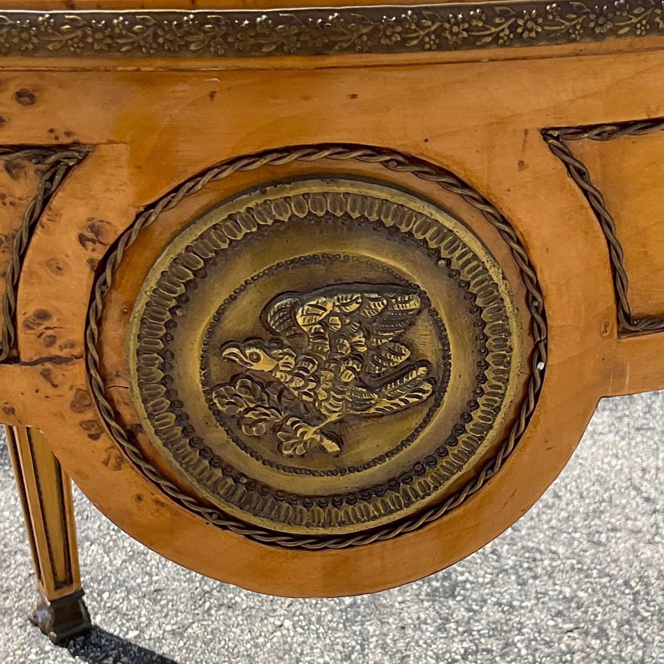 American Late 20th Century Vintage Regency Burl and Ormolu Demilune Console Table For Sale