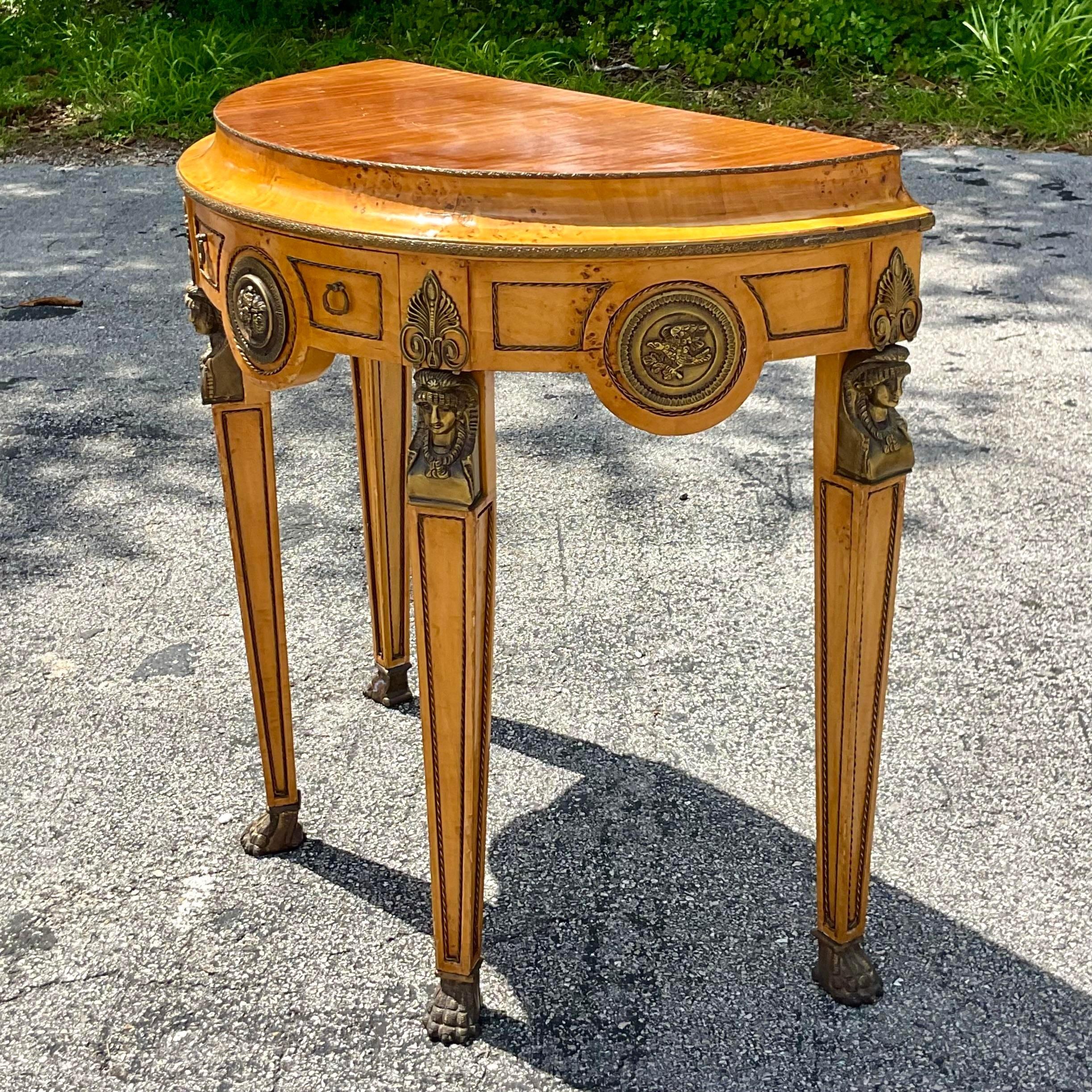 Brass Late 20th Century Vintage Regency Burl and Ormolu Demilune Console Table For Sale