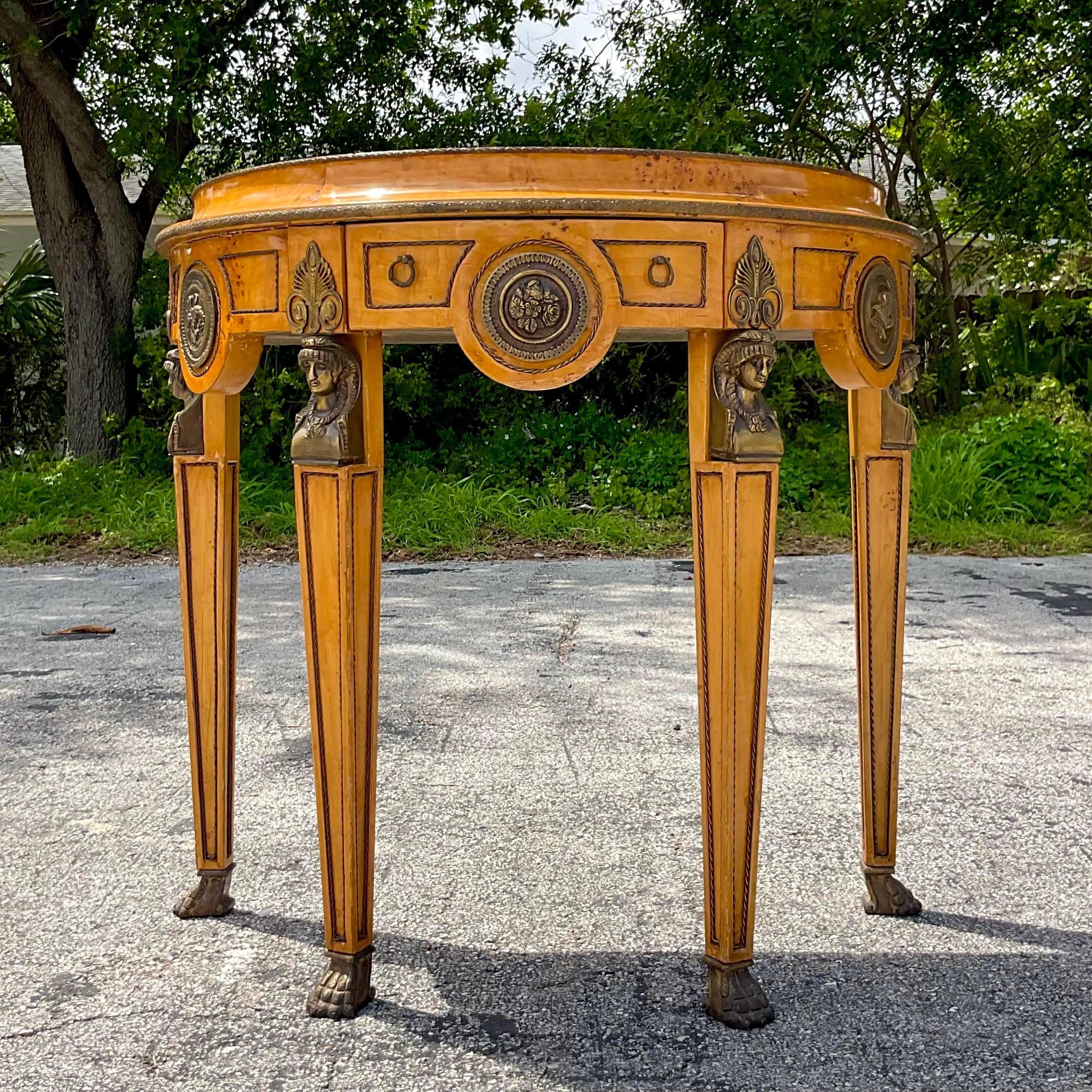 Late 20th Century Vintage Regency Burl and Ormolu Demilune Console Table For Sale 1