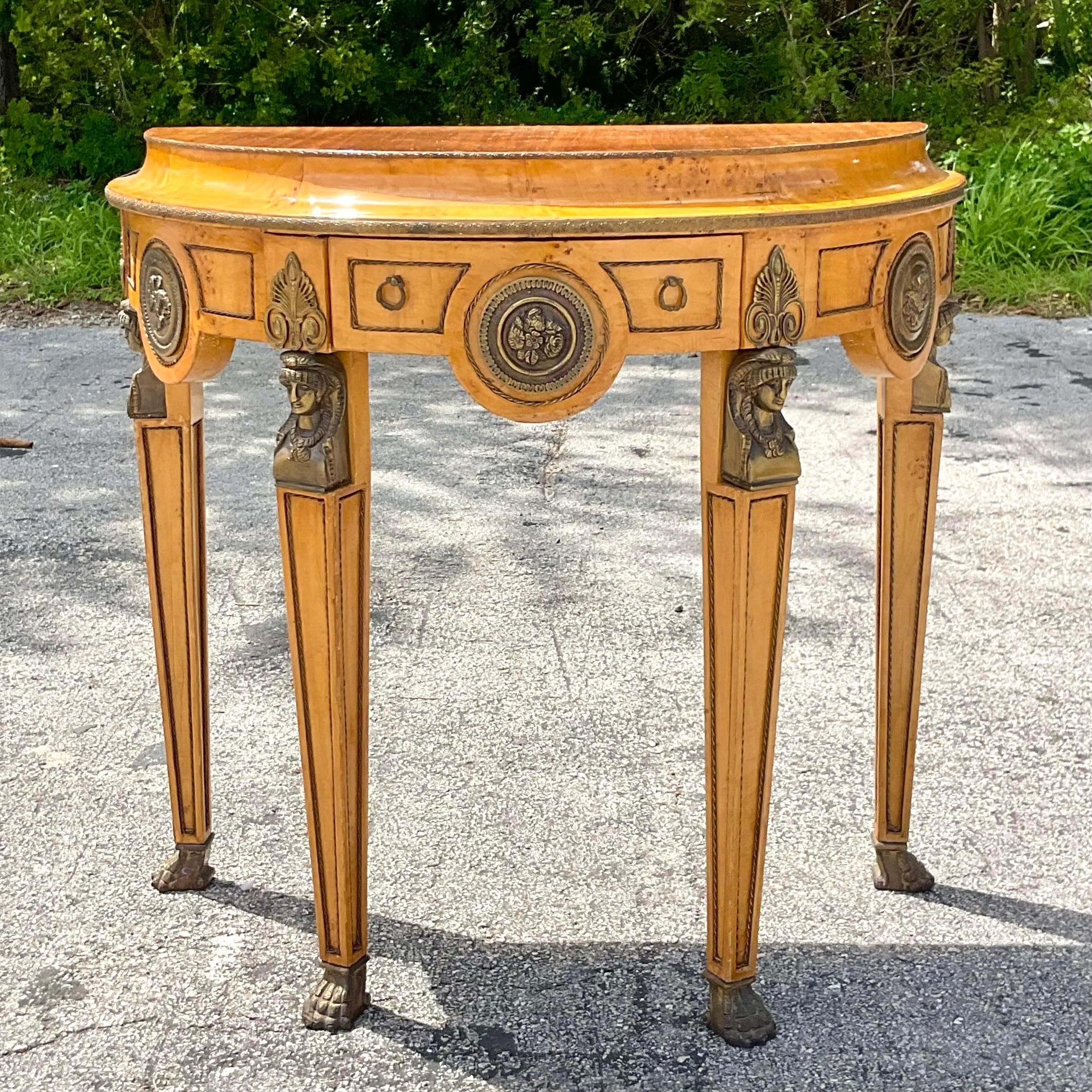 Late 20th Century Vintage Regency Burl and Ormolu Demilune Console Table For Sale 2