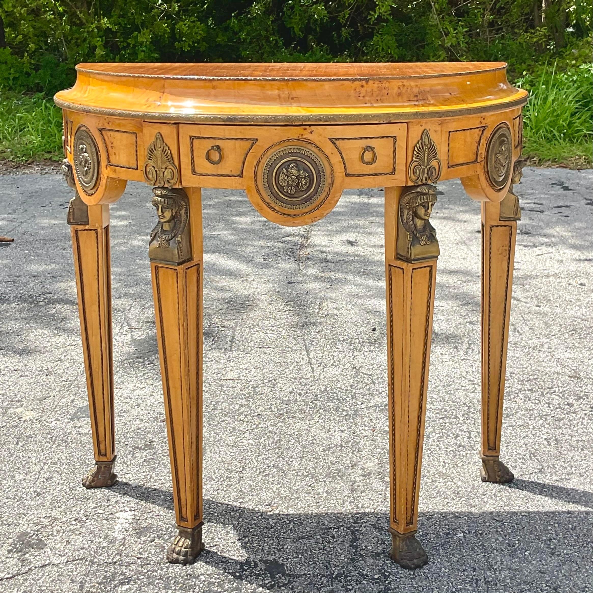 Late 20th Century Vintage Regency Burl and Ormolu Demilune Console Table For Sale 3
