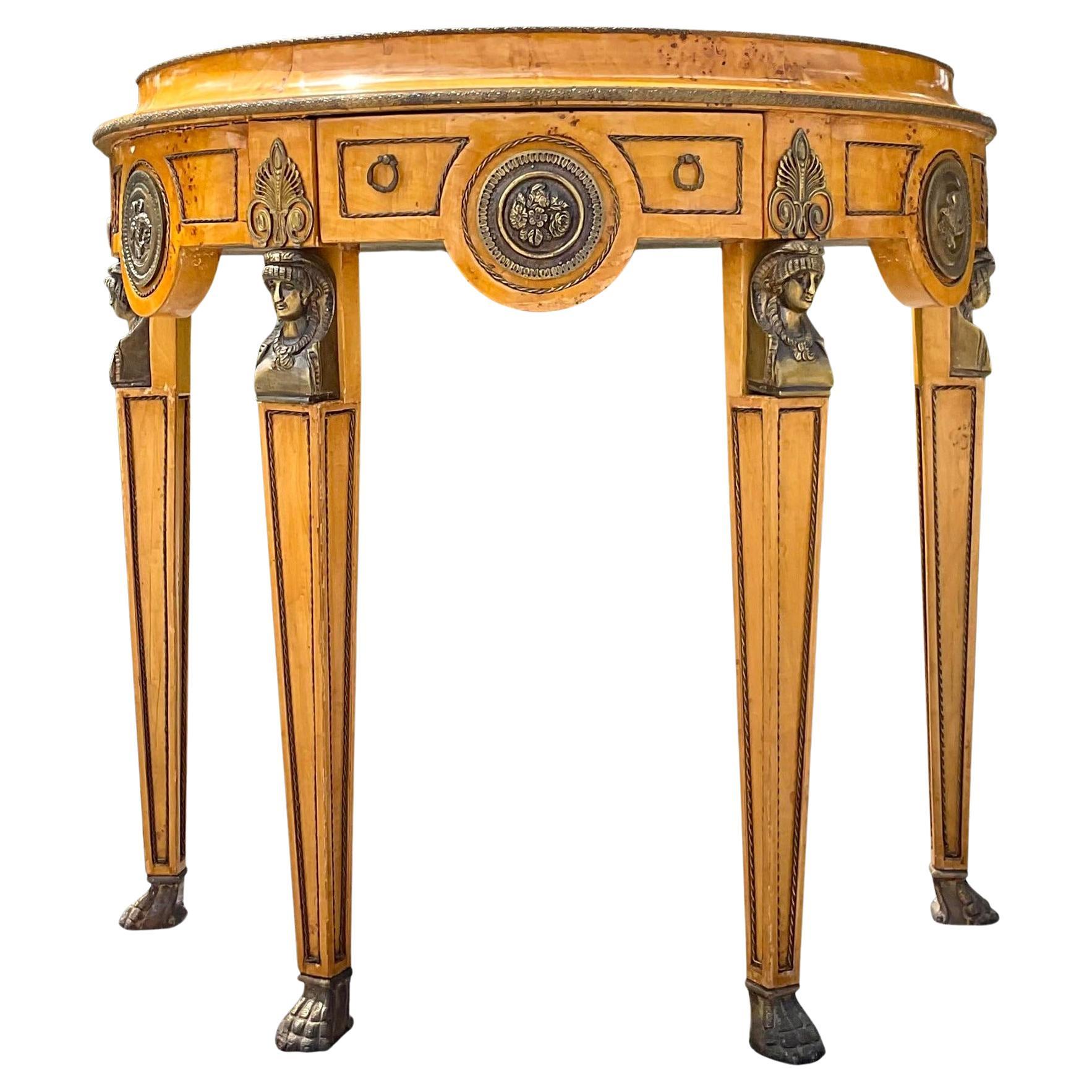 Late 20th Century Vintage Regency Burl and Ormolu Demilune Console Table For Sale