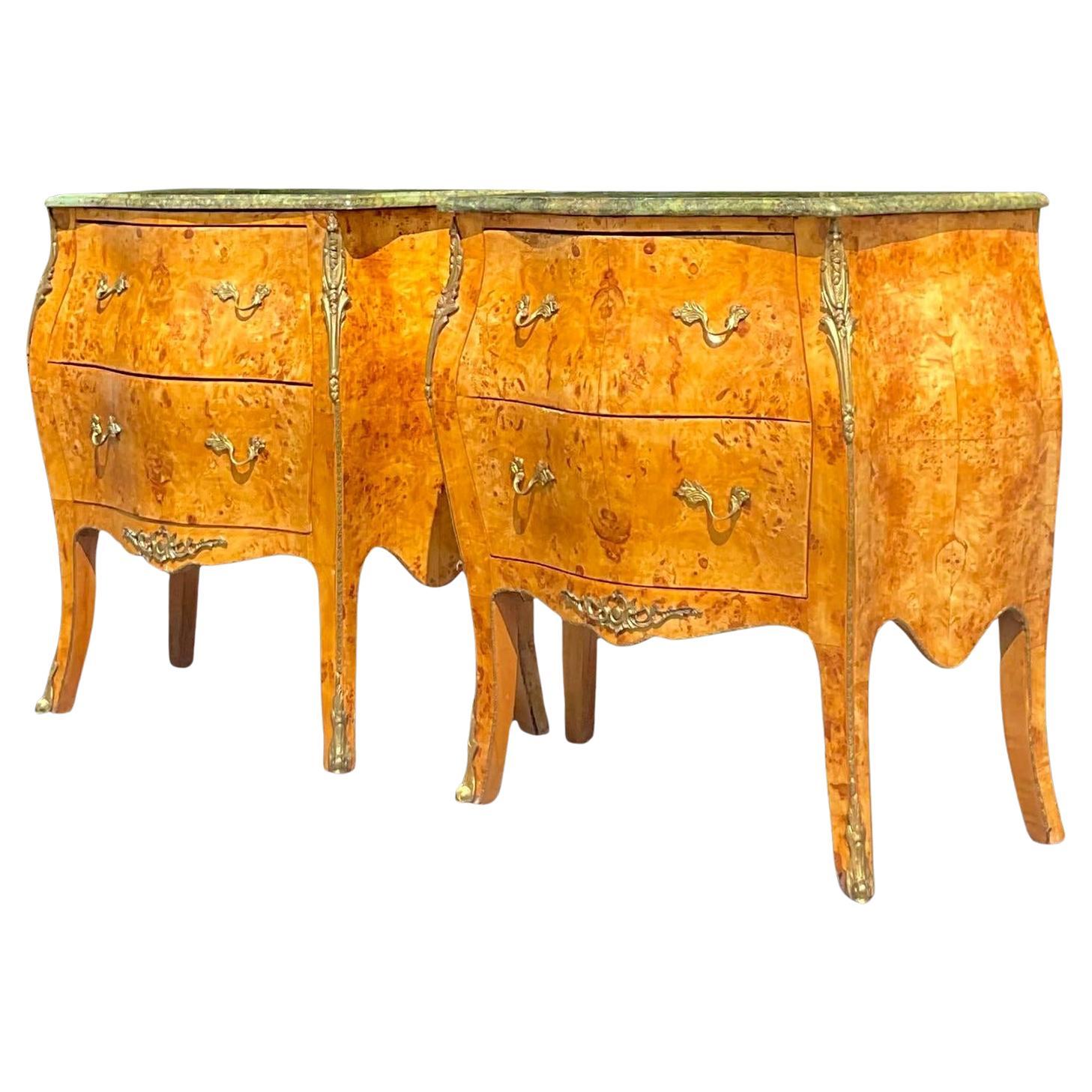 Late 20th Century Vintage Regency Burl Wood and Ormolu Bombe Chests - a Pair