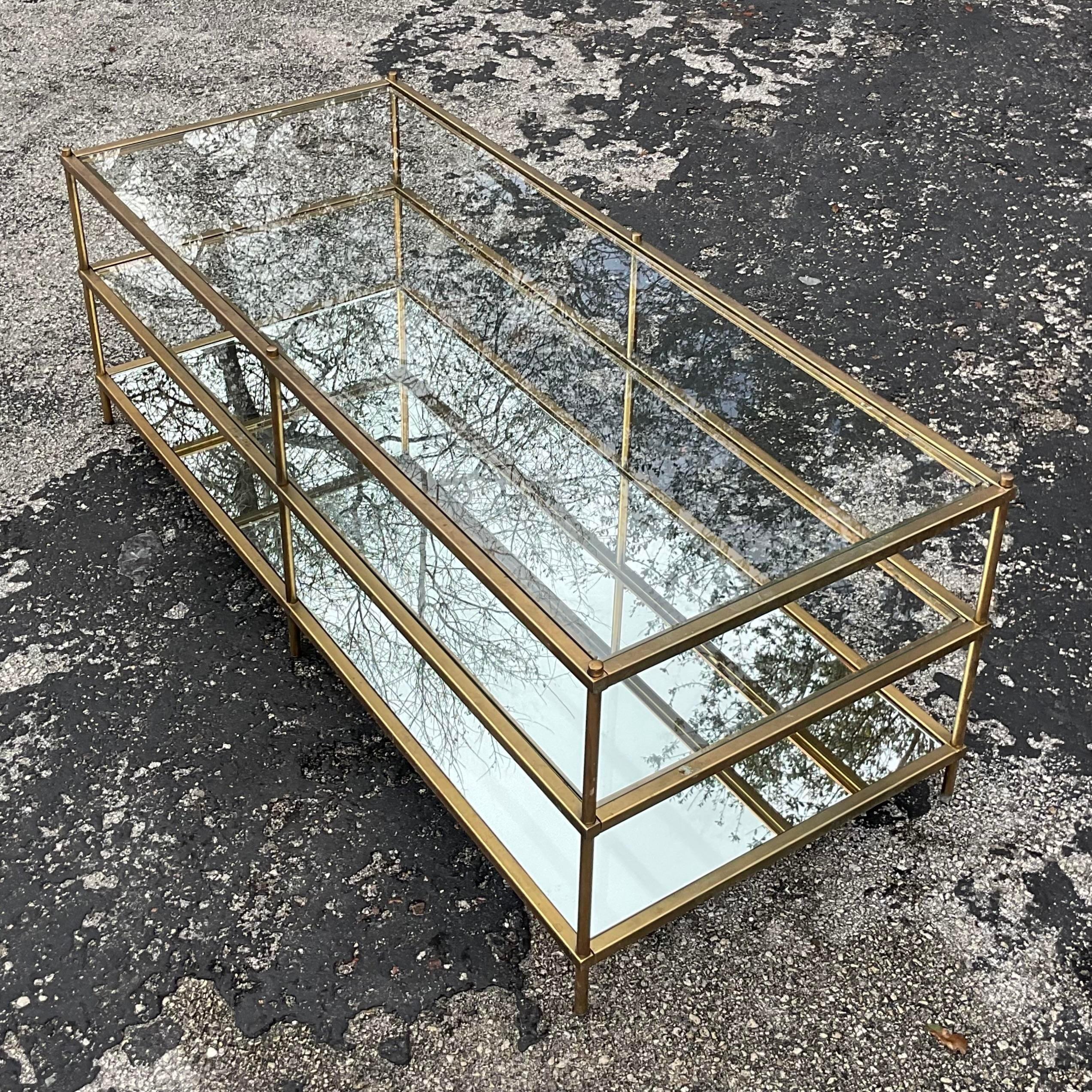 American Late 20th Century Vintage Regency Burnished Brass Tri Level Coffee Table For Sale