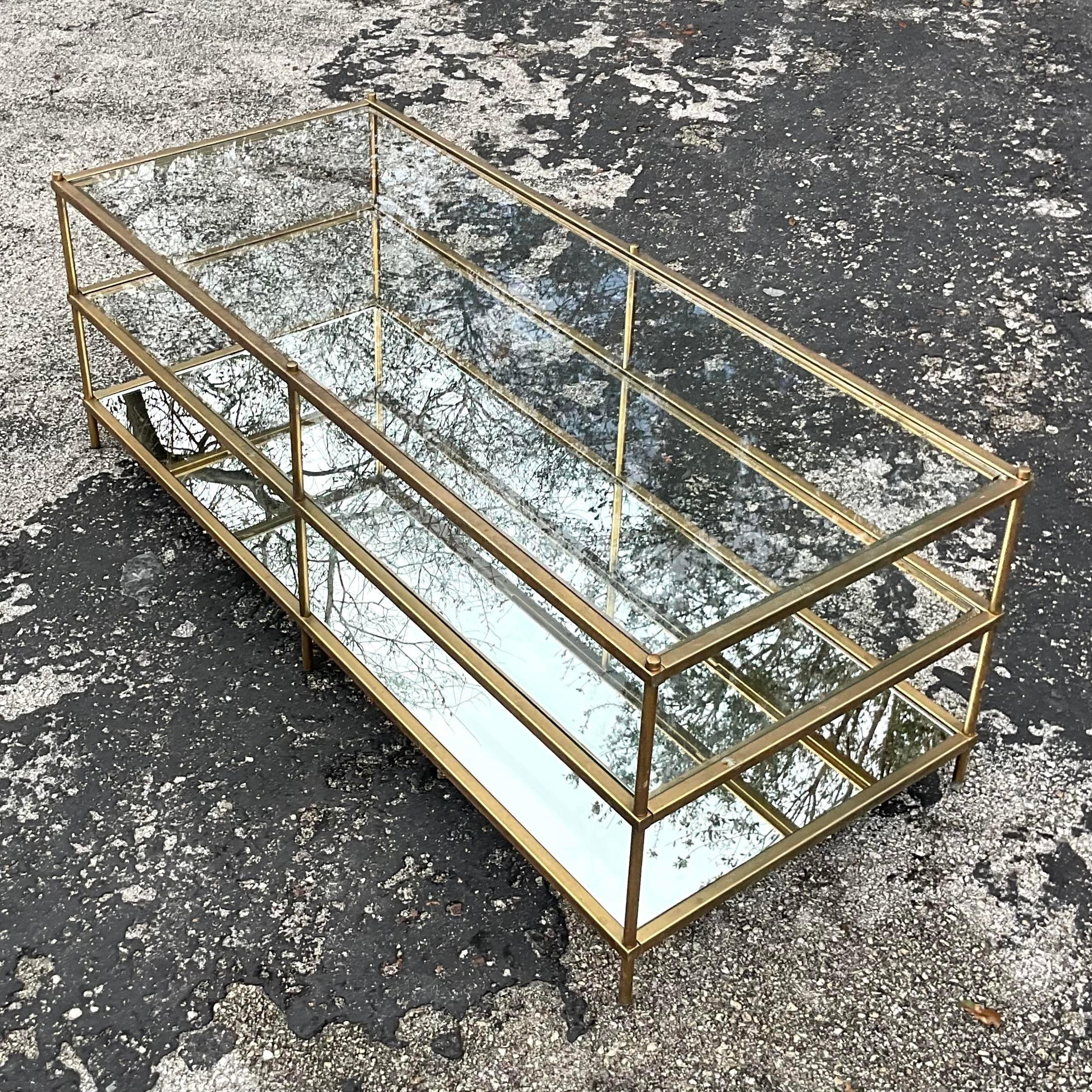 Late 20th Century Vintage Regency Burnished Brass Tri Level Coffee Table In Good Condition For Sale In west palm beach, FL