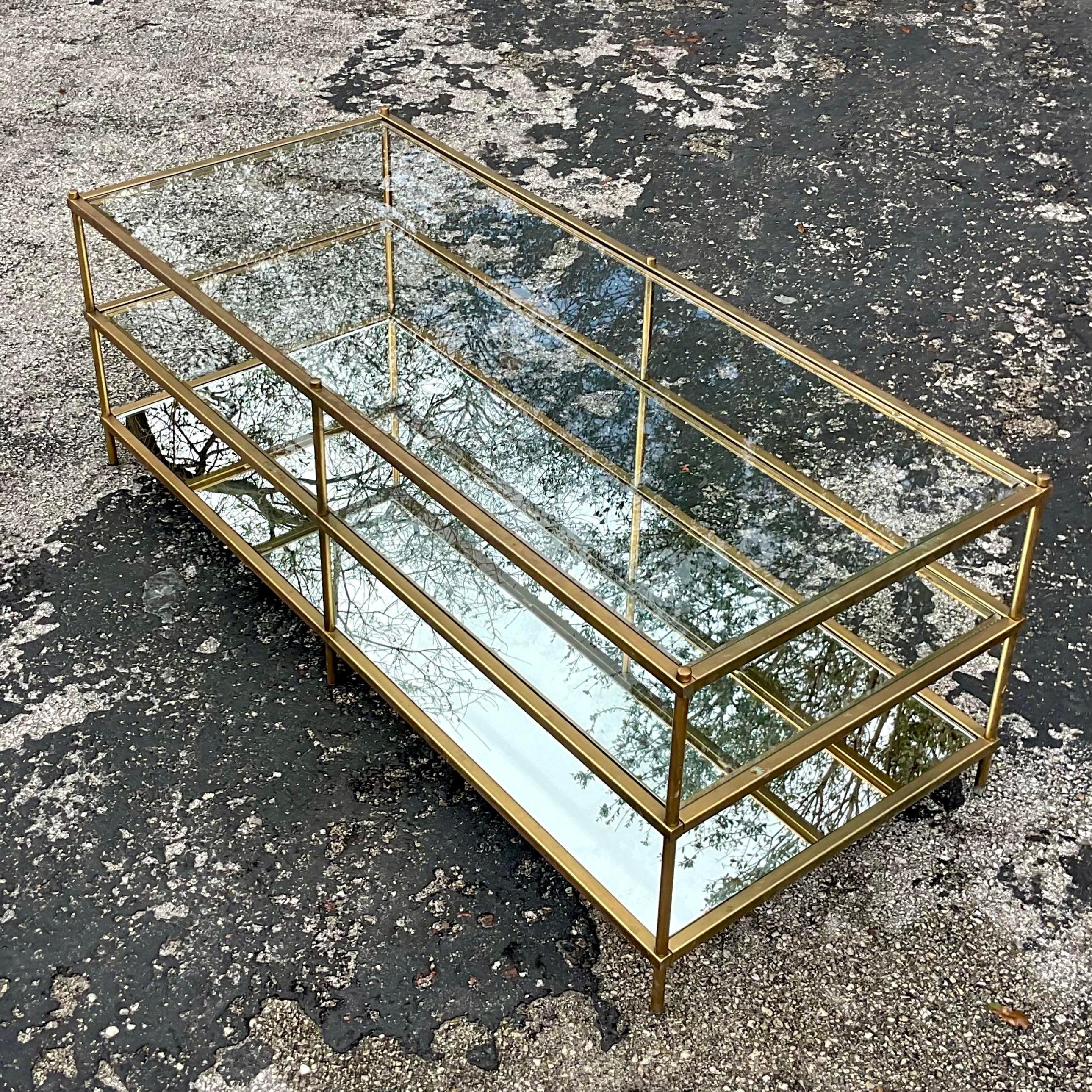 Late 20th Century Vintage Regency Burnished Brass Tri Level Coffee Table For Sale 1