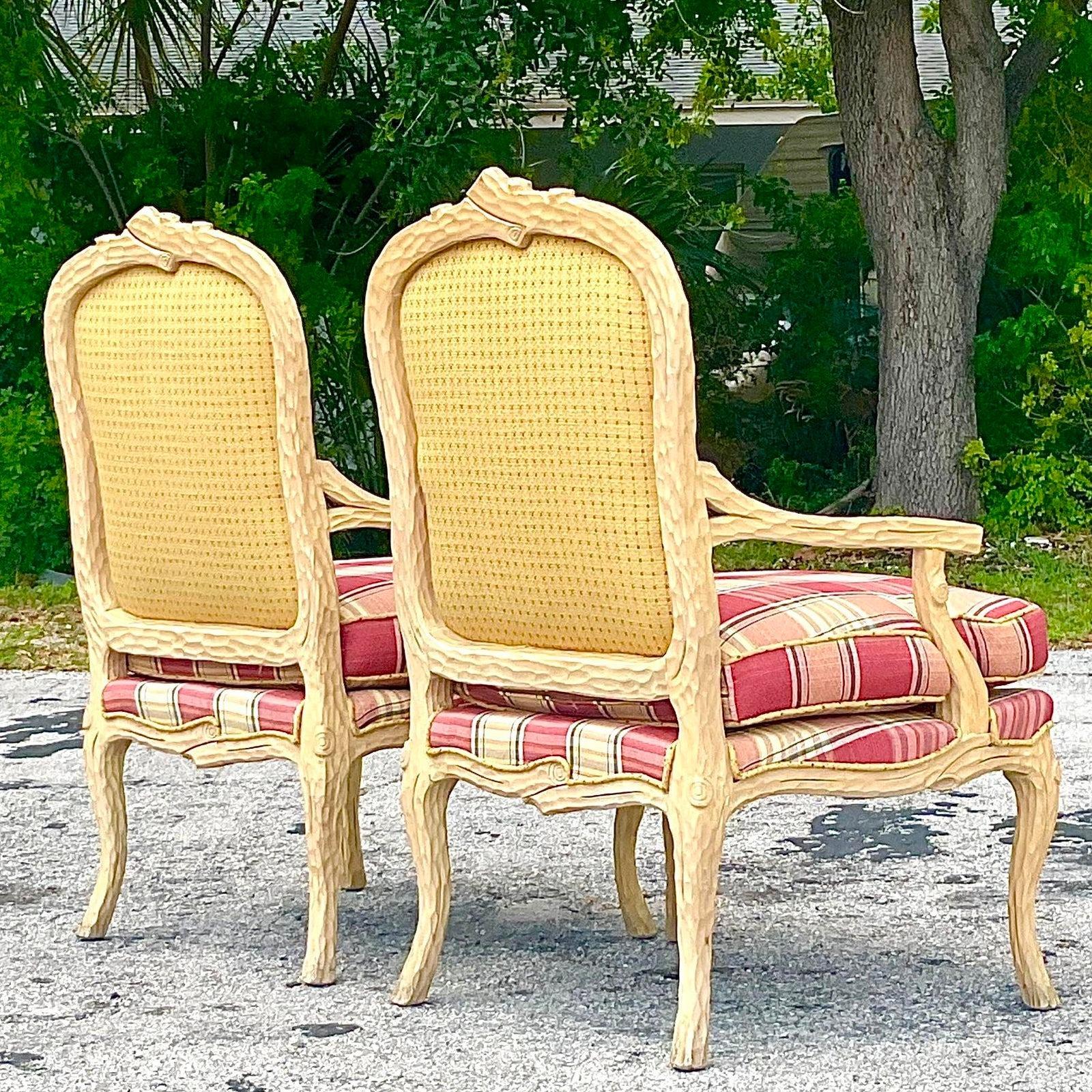 North American Late 20th Century Vintage Regency Carved Faux Bois Bergere Chairs - a Pair For Sale