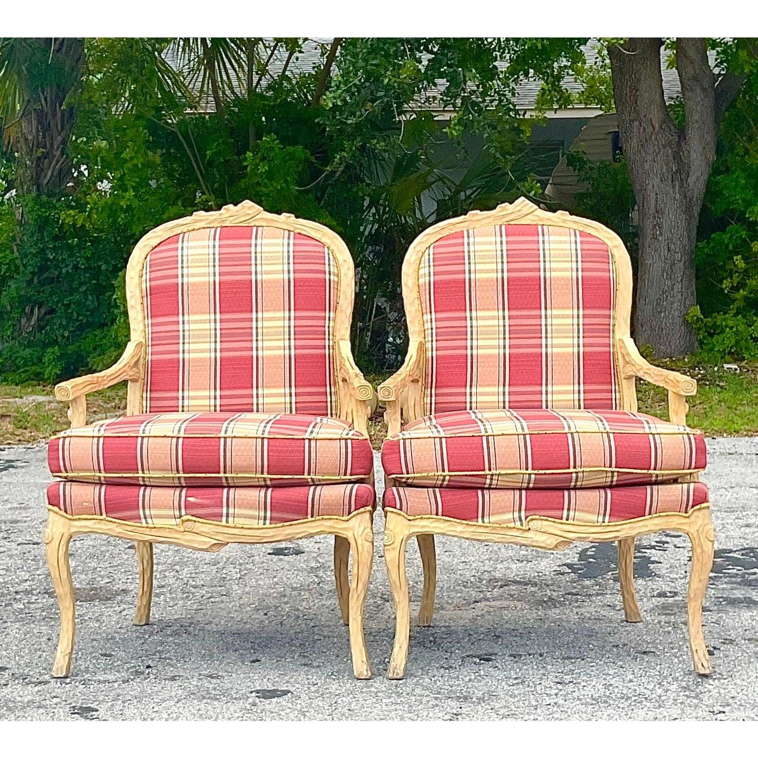 Late 20th Century Vintage Regency Carved Faux Bois Bergere Chairs - a Pair In Good Condition For Sale In west palm beach, FL
